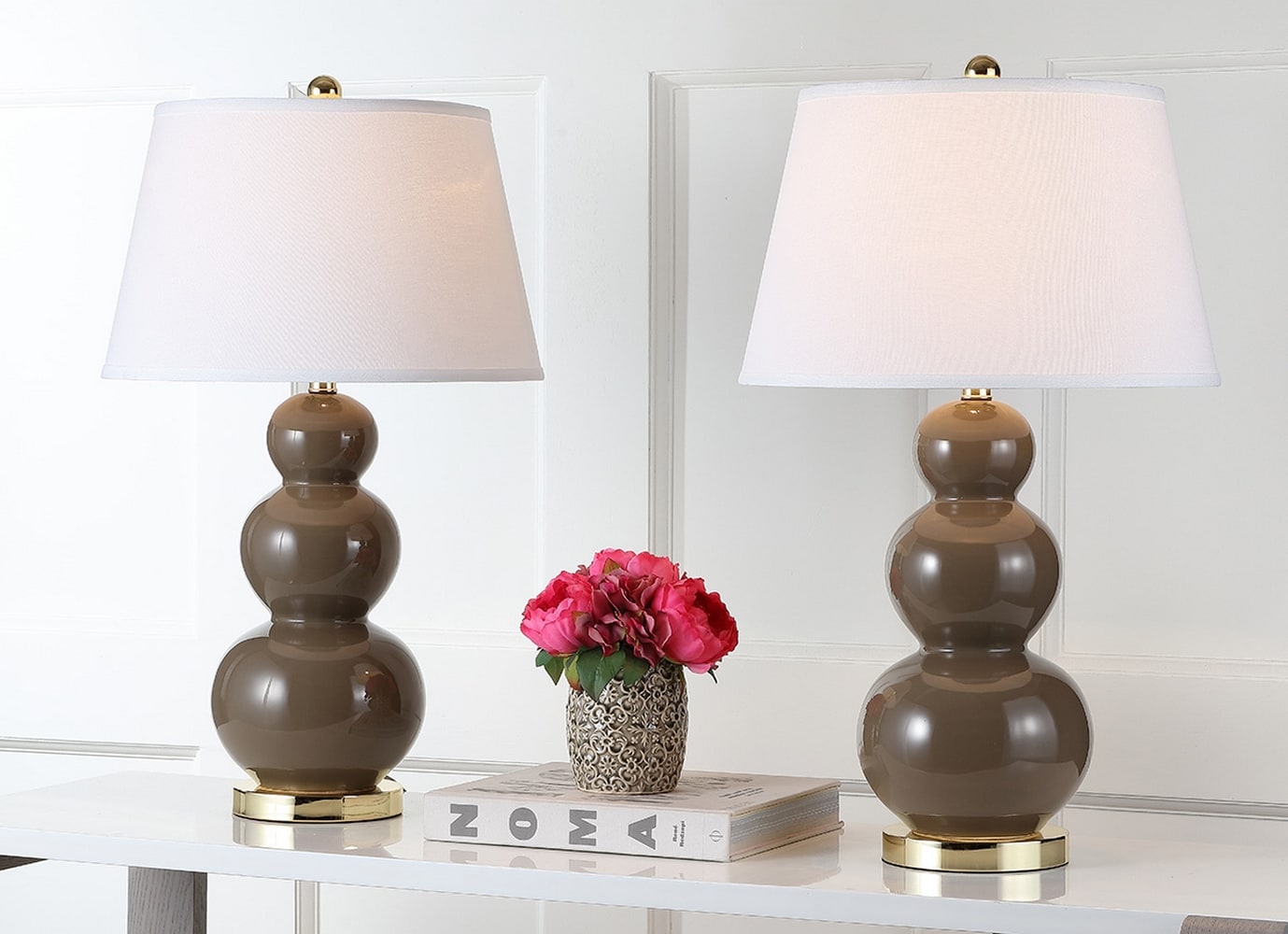 Pamela 28-Inch Taupe Ceramic Triple Gourd Table Lamp Set