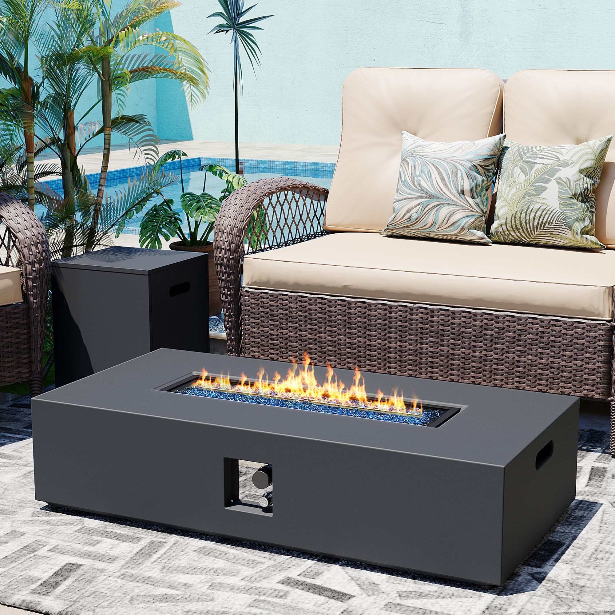 UPHA PL-56TPCFX-DK-K Rectangle Propane Fire Pit with Gas Tank Cover 56-in W 50000 Maximum BTUs Iron Rectangle Liquid propane Fire pit table