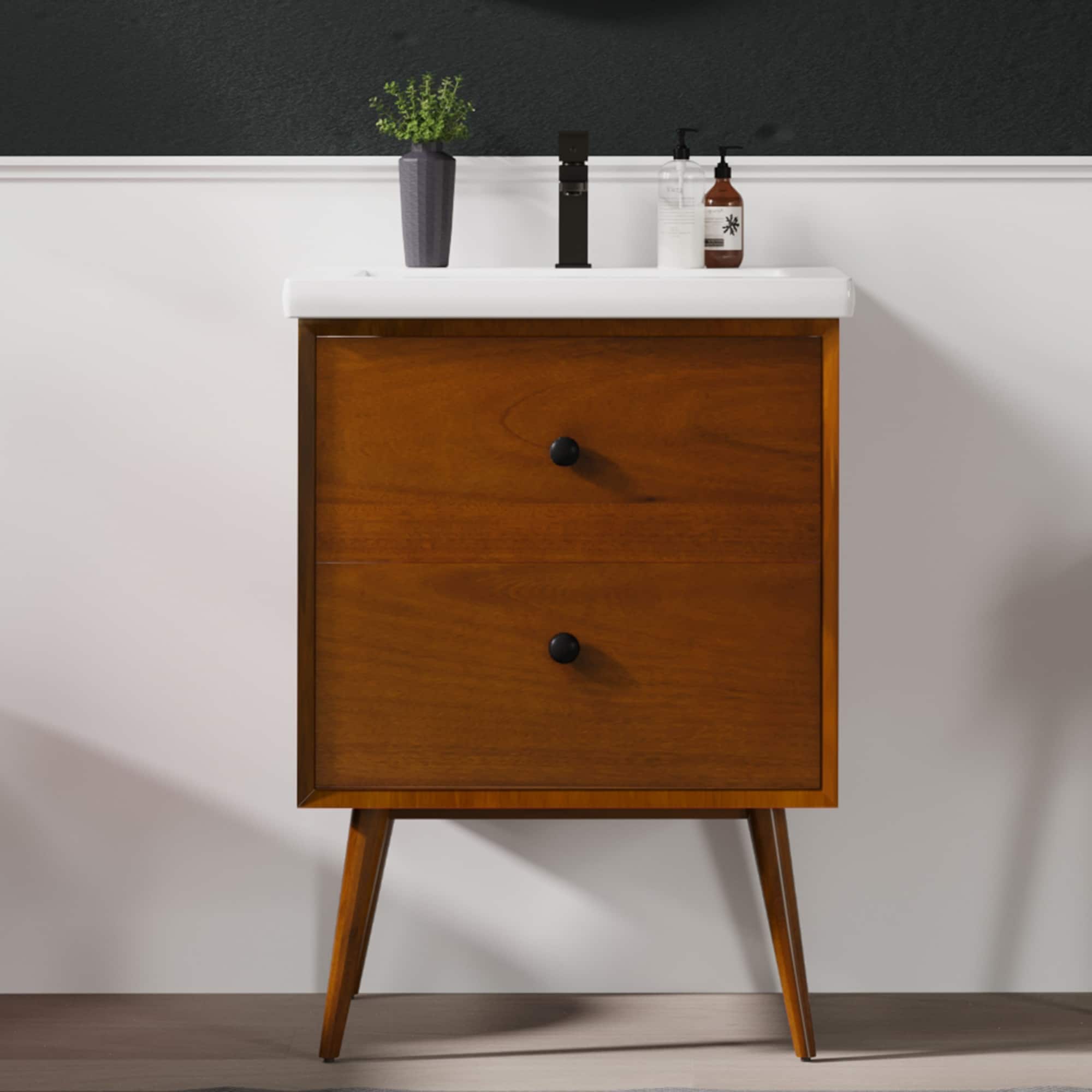 Eviva TVN111-24TK Caramel 24-in Teak Single Sink Bathroom Vanity with White Porcelain Top
