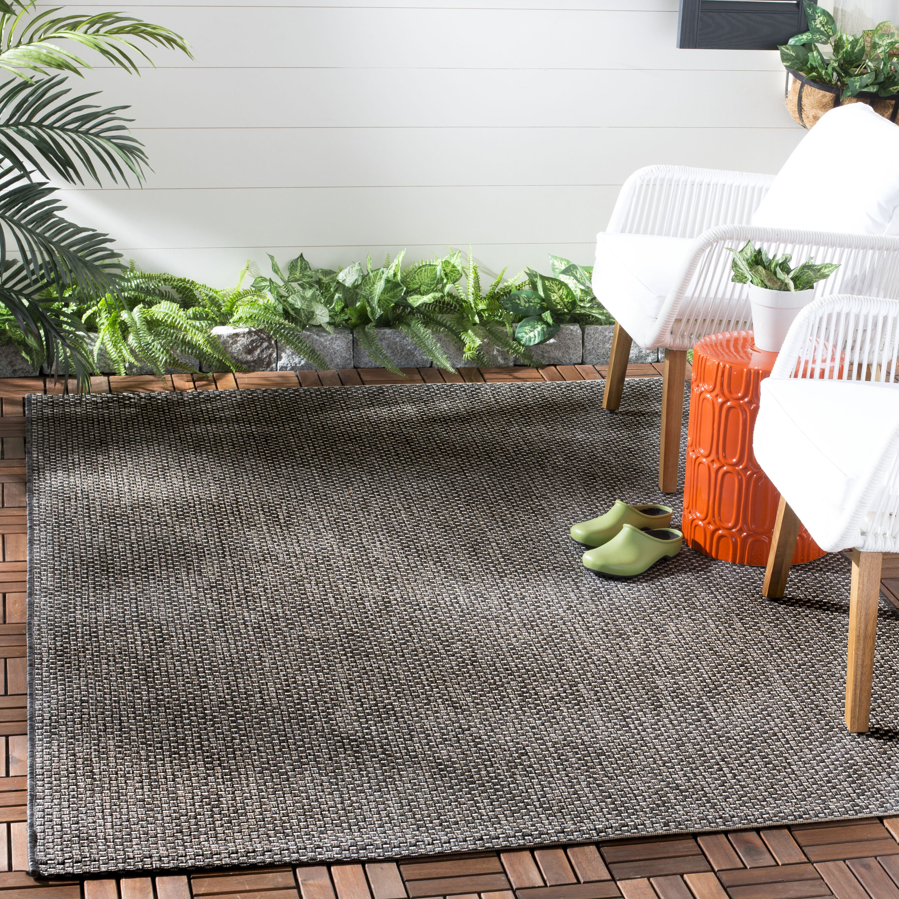 Black and Beige Rectangular Synthetic Outdoor Rug
