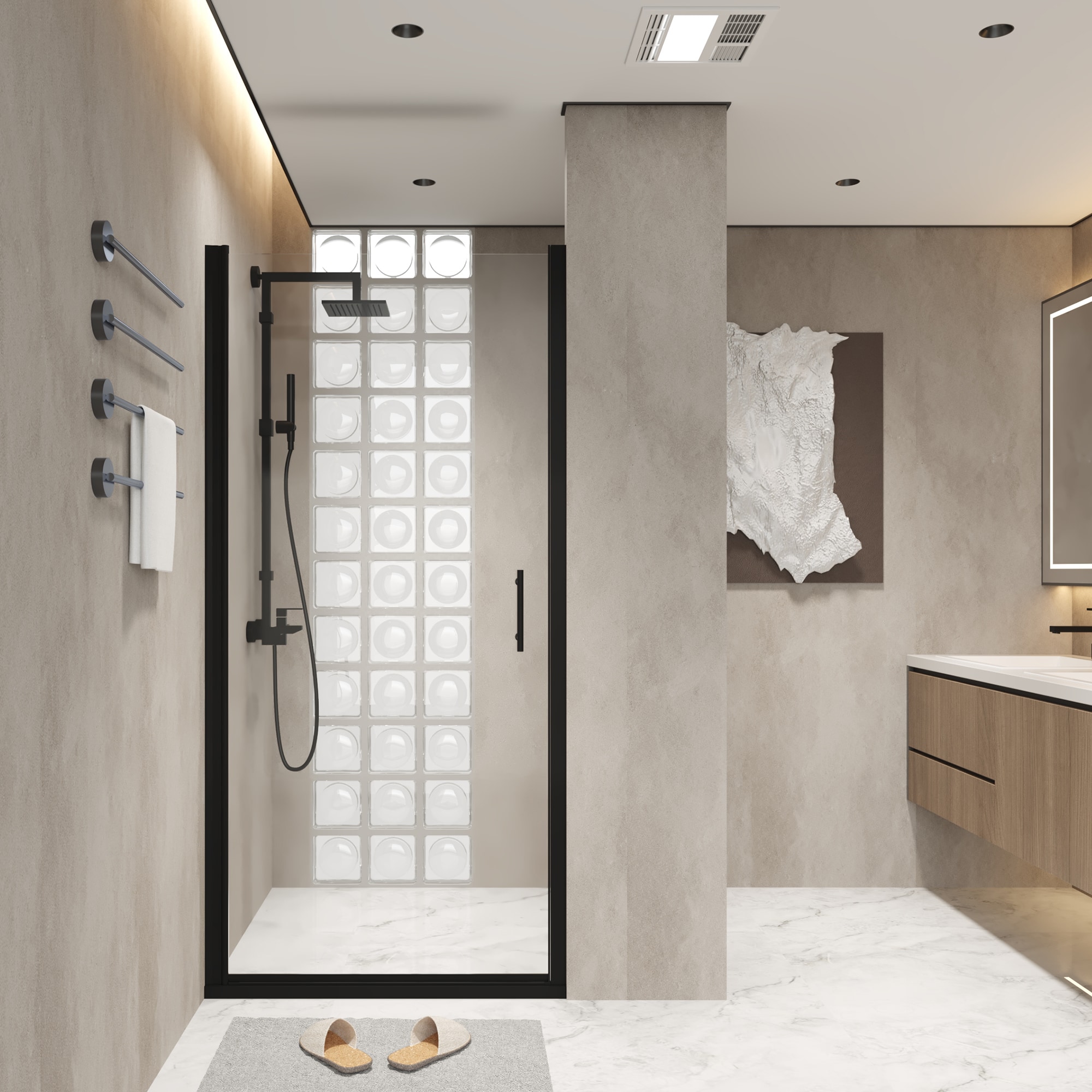 LOVMOR SF-R-W1675P307040 24 inch x 72 inch Pivot Shower Door Matte Black Aluminum Frame Half Frame Tempered Glass Explosion Proof Film
