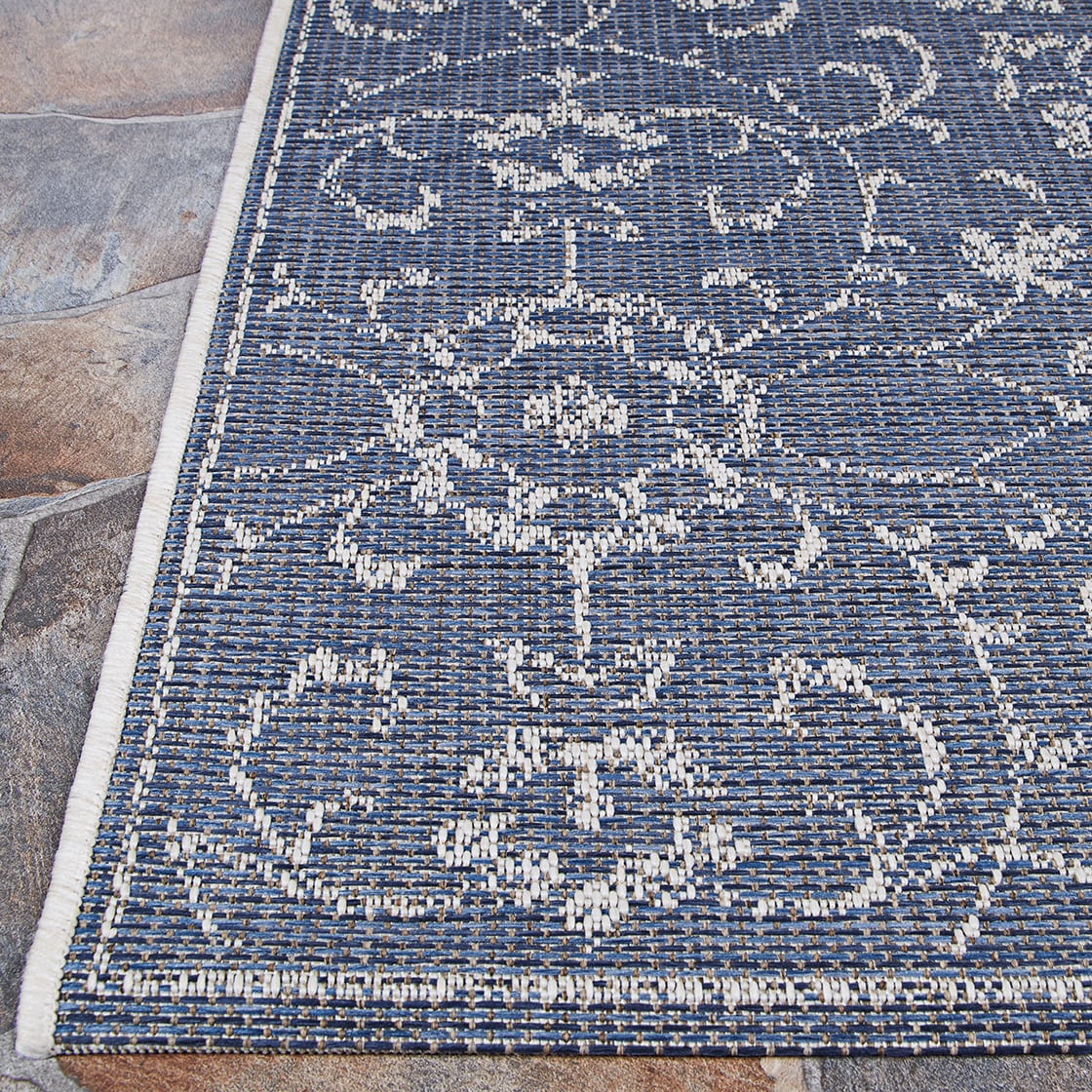 Navy and Ivory Floral Flatwoven Rectangular Area Rug