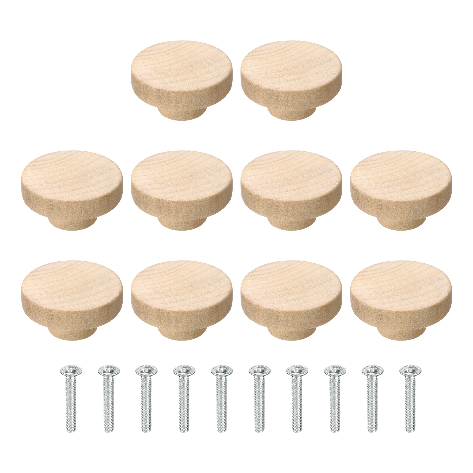 Unique Bargains 10pcs Round Wood Drawer Knob 1.97in Diameter Flat Head Dresser Knobs Solid Wooden Knobs with Screws for Furniture Drawer Wardrobe Cupboard