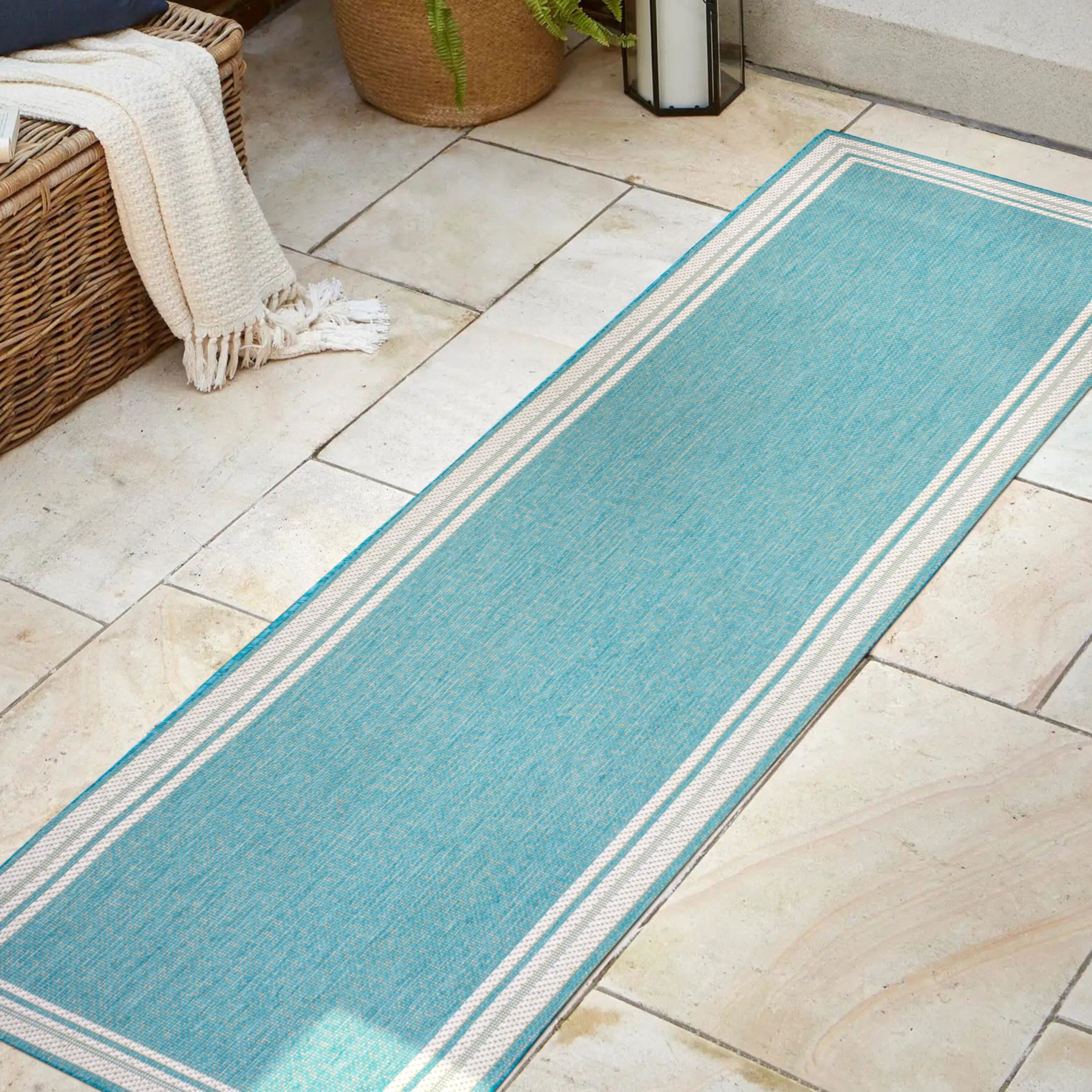 Aqua and Beige Stripe Synthetic Reversible Indoor/Outdoor Rug