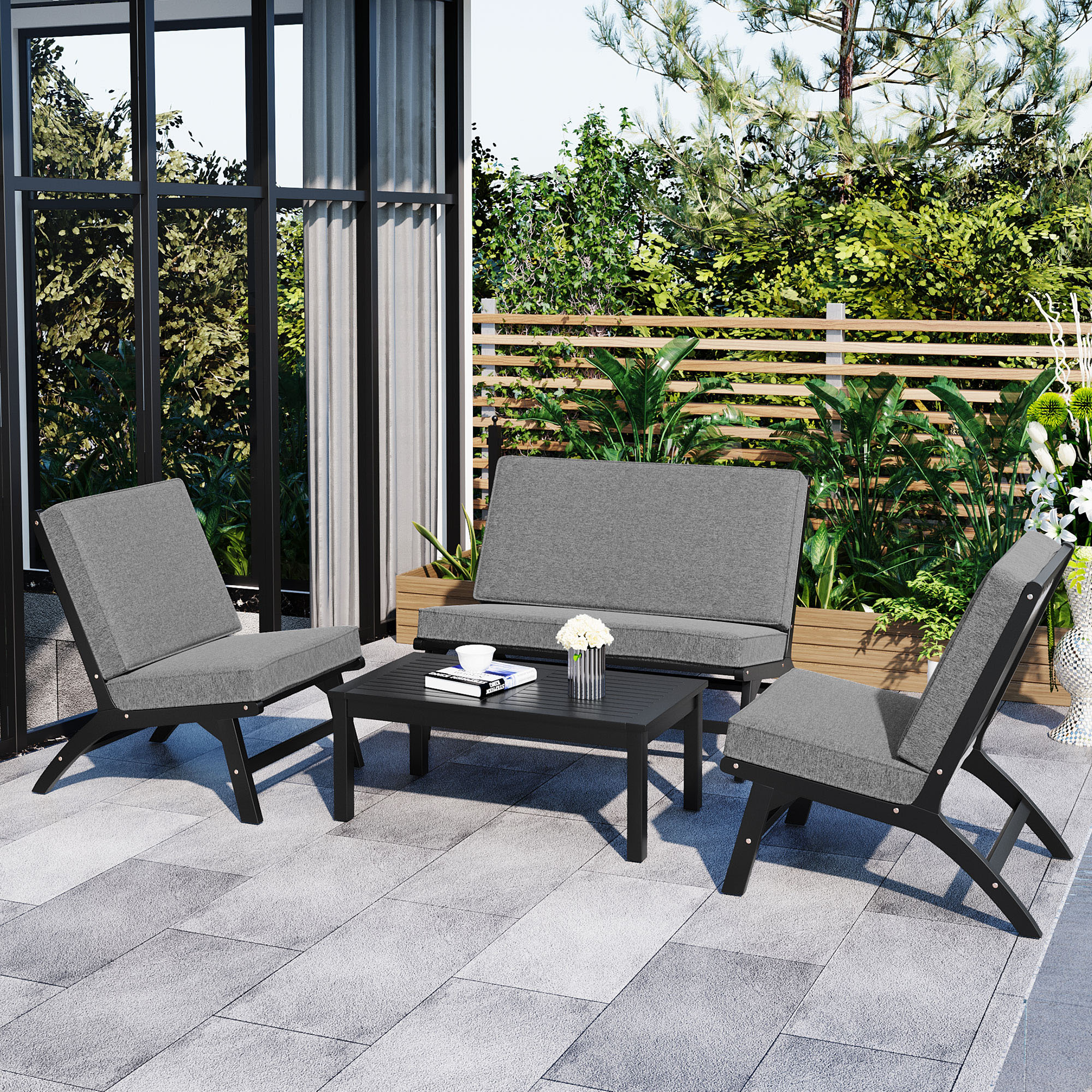 Forclover ALLS-24KI 4 -Piece Patio Conversation Set with Gray Cushions