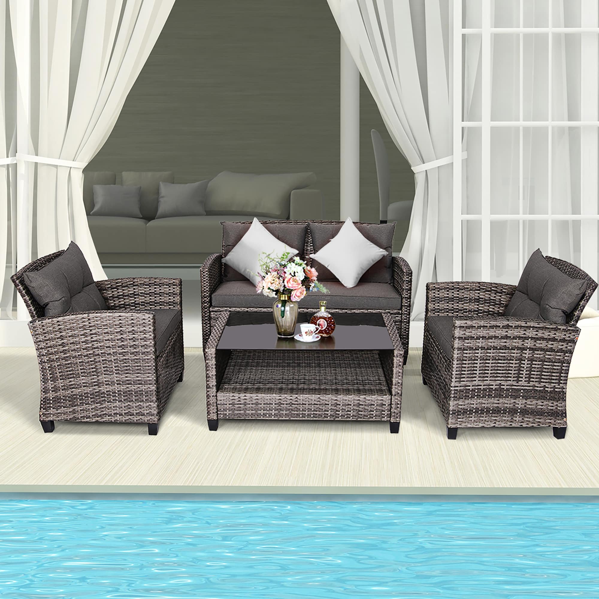 Forclover N7FW-647GR+ Rattan Furniture Set 4 -Piece 2 Patio Sofa Conversation Set with Gray Cushions