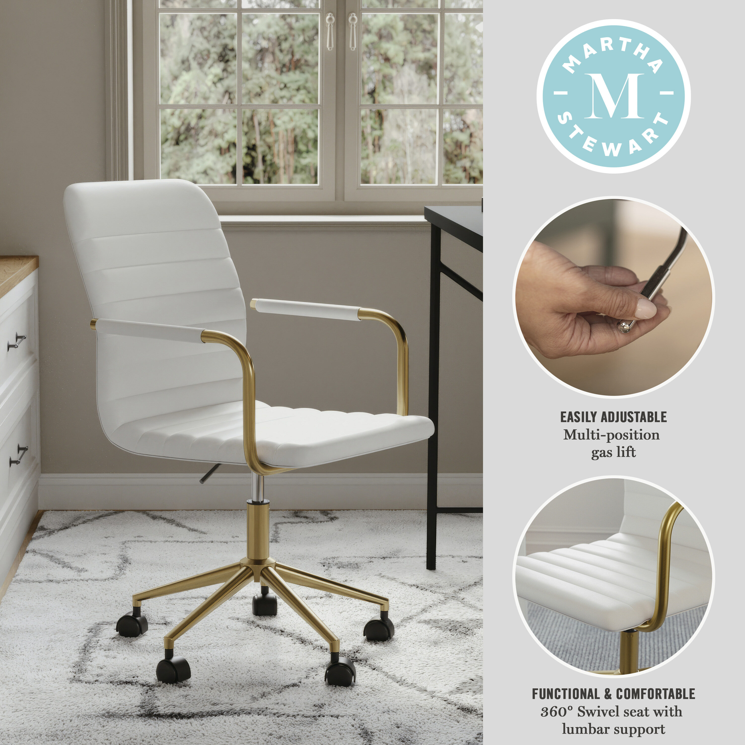 White Faux Leather Executive Swivel Office Chair with Brass Frame
