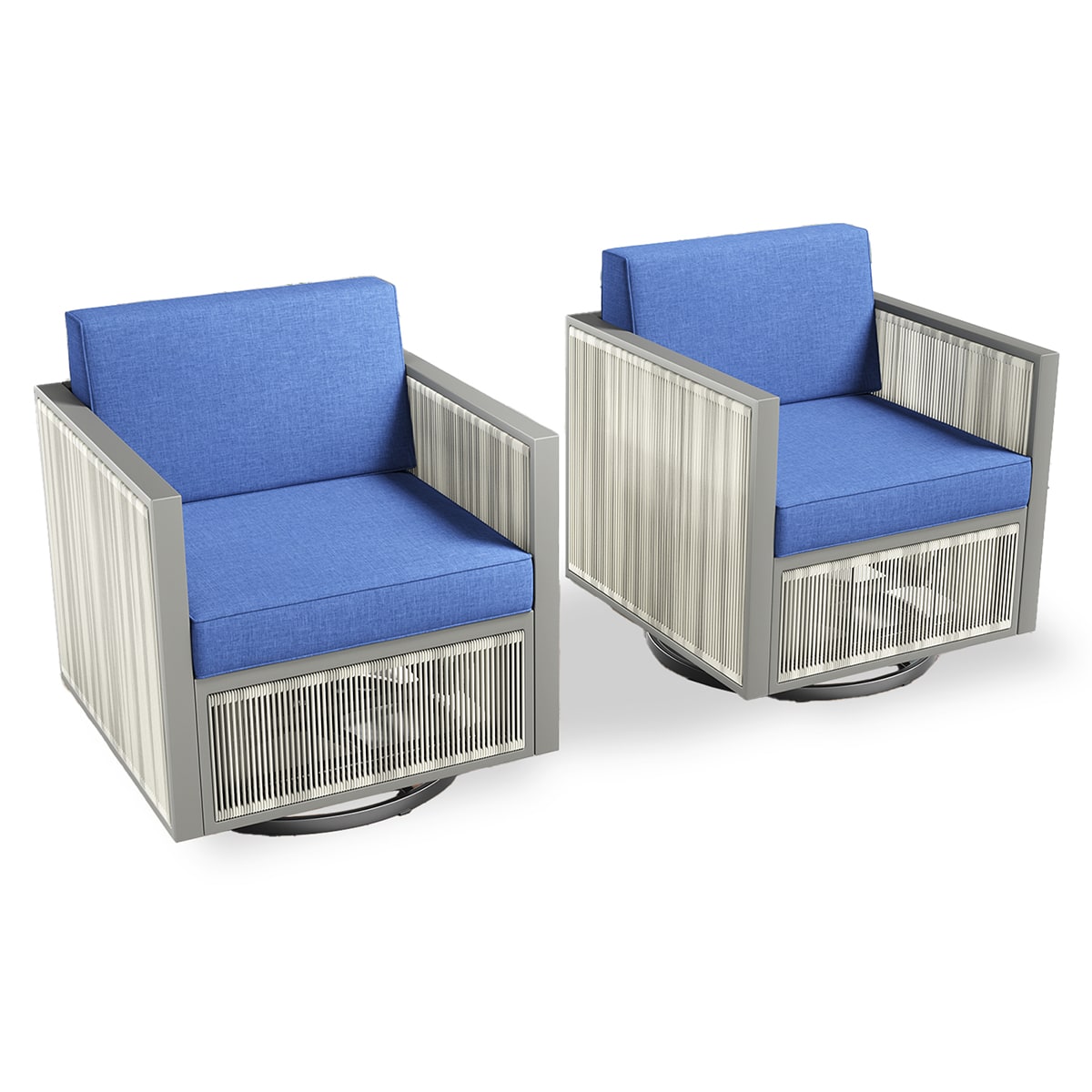 Rilyson FSFHGW20-1AA Square-F Set of 2 Wicker Light Beige Wicker Frame Swivel glider Conversation Chair with Blue Blue Cushioned Seat