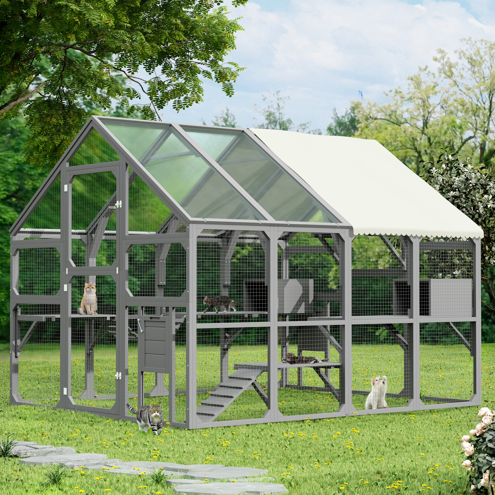 Mondawe Extra Large Outdoor Catio- Wooden Cat House with Platforms and Ladder