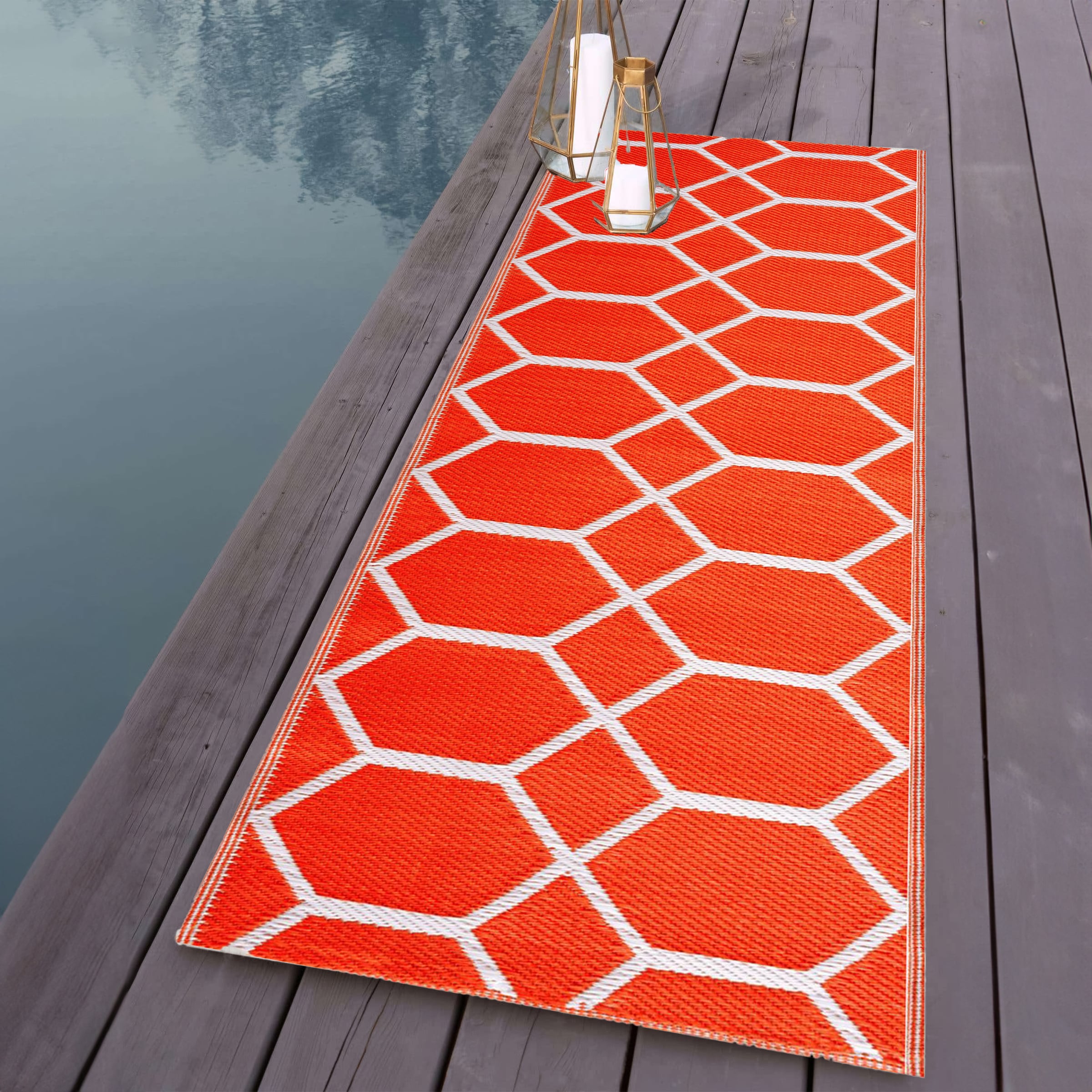 Playa Rug PLY-R-MIA-OW-2X6 2 x 6 (ft) Knotted Polypropylene Miami-OrangeWhite Rectangular Indoor/Outdoor Geometric Area rug