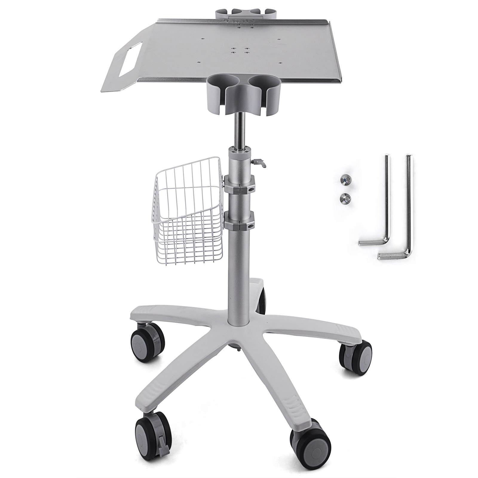 Mecale Aluminum Medical Salon Utility Cart Height-Adjustable 26.77 to 42.91-in Rolling Trolley Silver