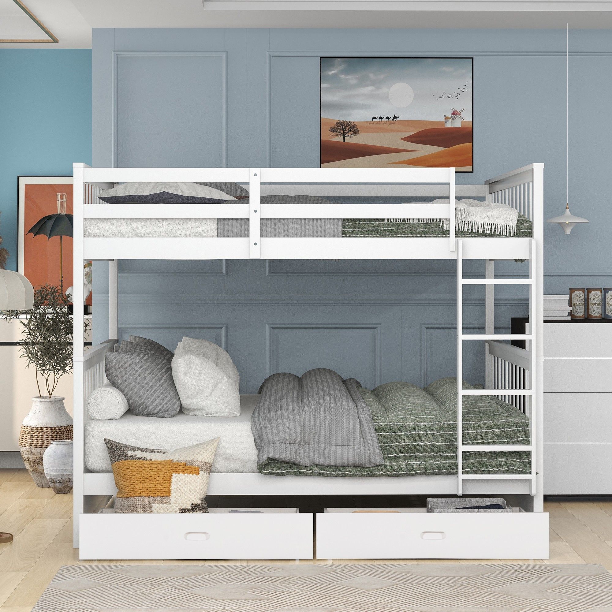 Yiekholo Full Over Full Bunk Bed with Drawers, White, Convertible Twin ...