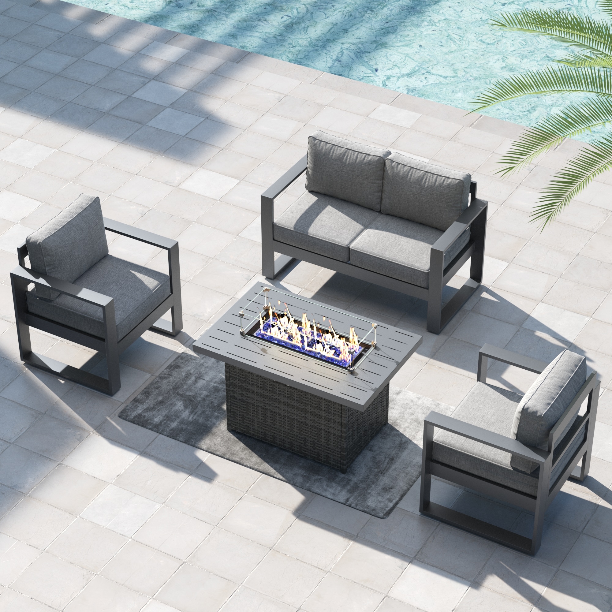 LayinSun FP5003-GA-2001 4 -Piece Outdoor Aluminum Patio Conversation Set with Fire Pit and Dark Gray Cushions
