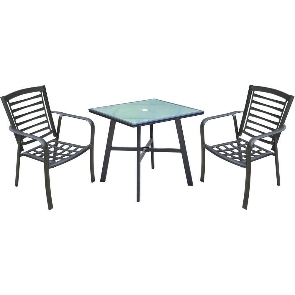 Hanover PEMDN3PCG Pemberton 3 -Piece Gray Patio Dining Set Aluminum Square Table with 2 Gray Stationary Chairs