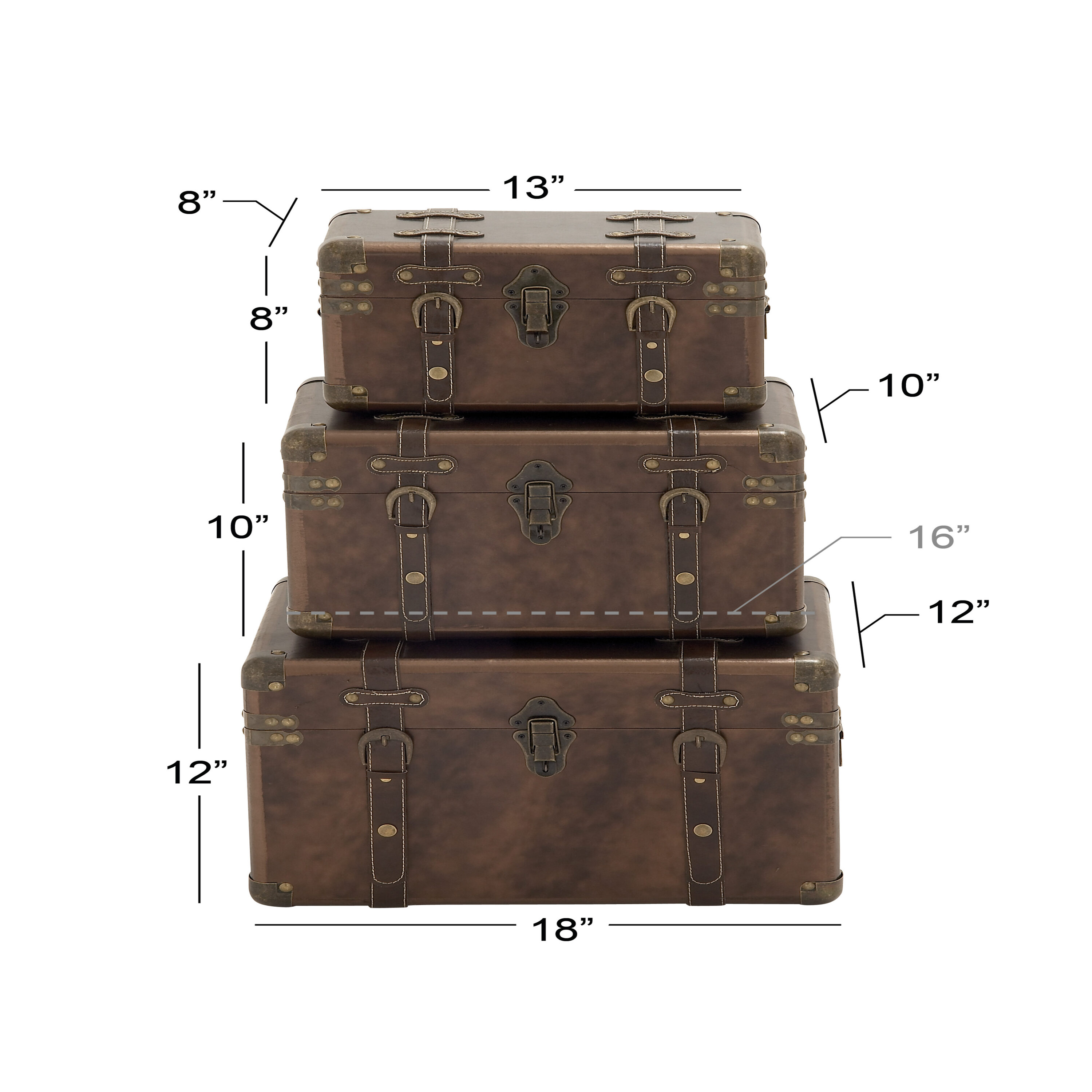 Brown Leather Rectangular Storage Trunk Set with Vintage Accents, 3-Pieces
