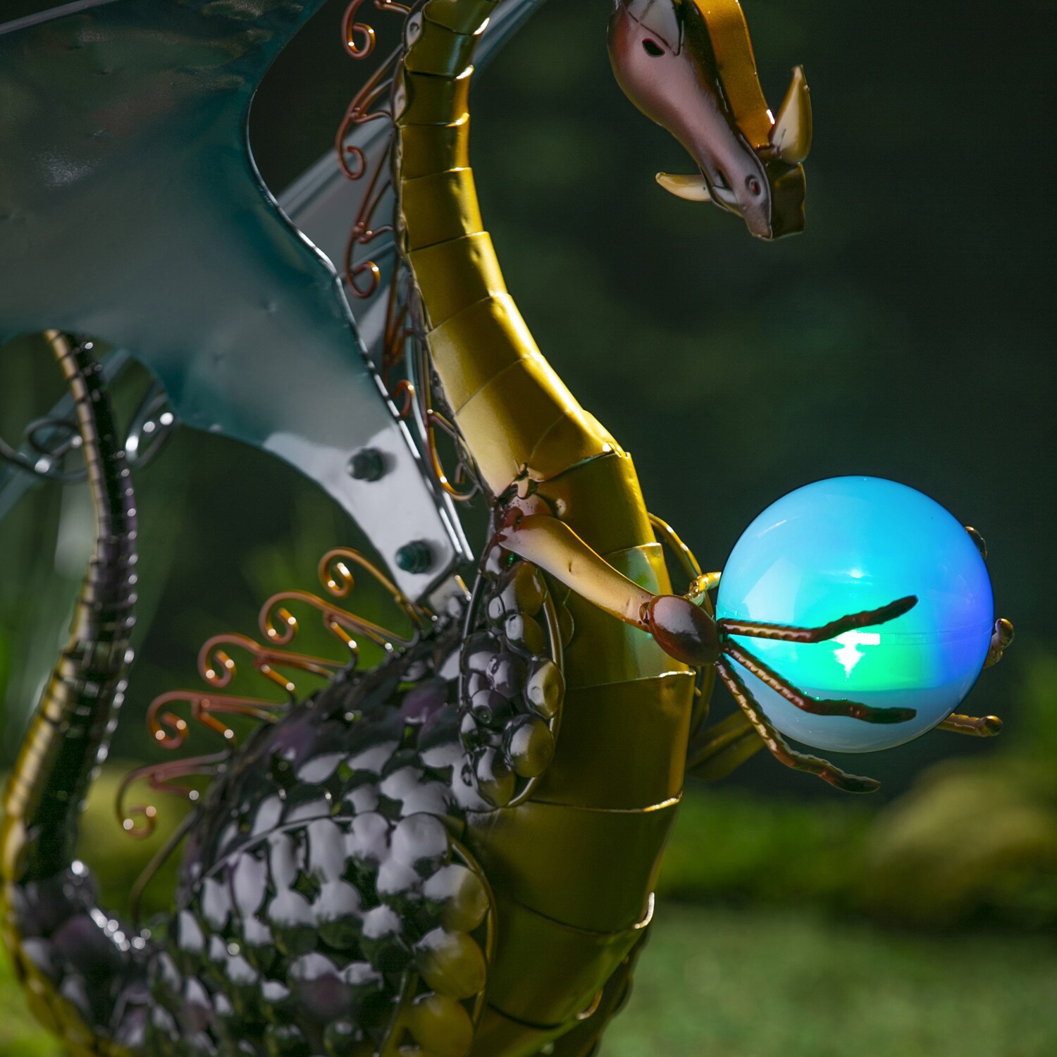 Majestic Black and Gold Metal Dragon Garden Statue with Solar Globe