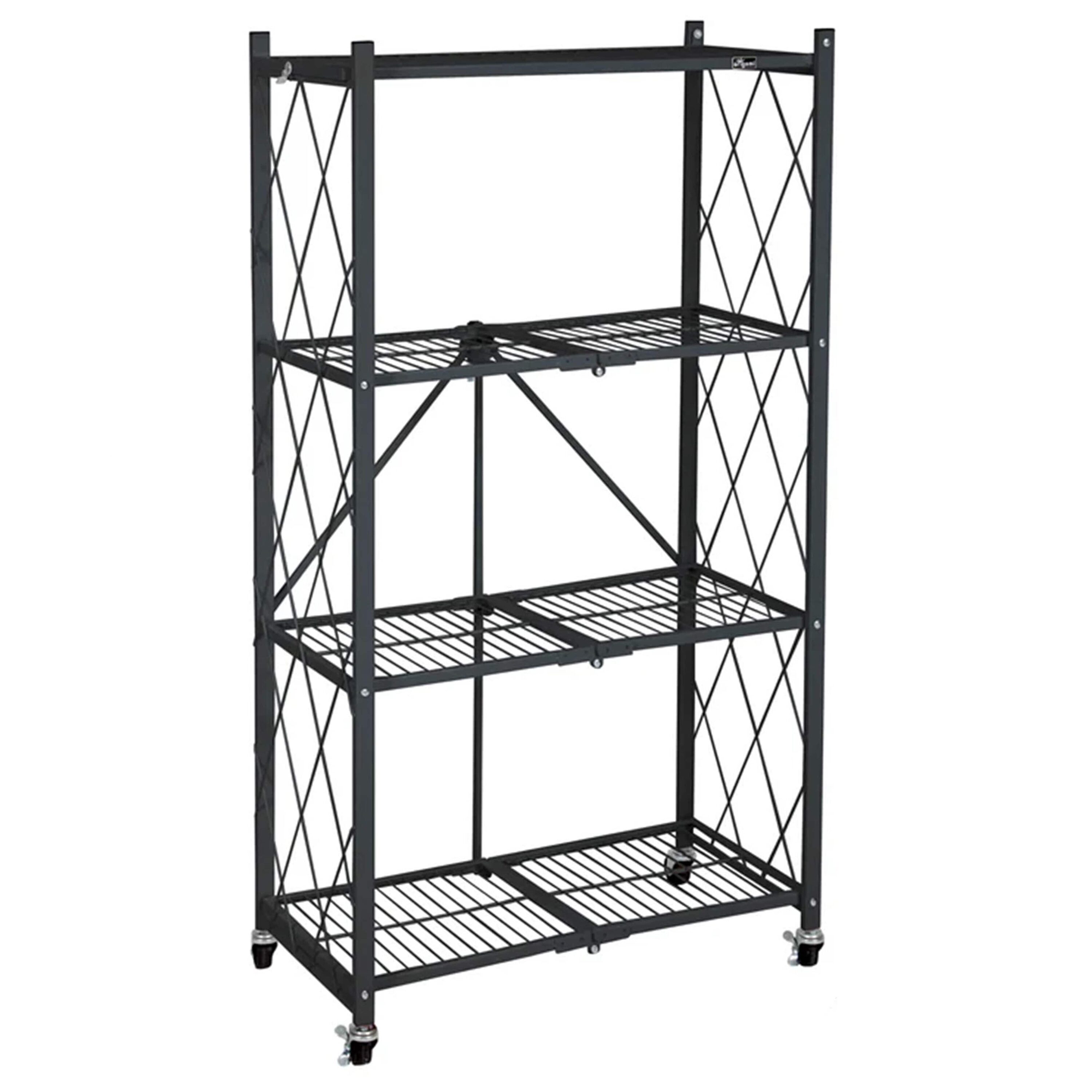 Gracious Living 397013 4-Tier Folding Storage Shelves Kitchen and Garage Shelf Rack with Wheels Black