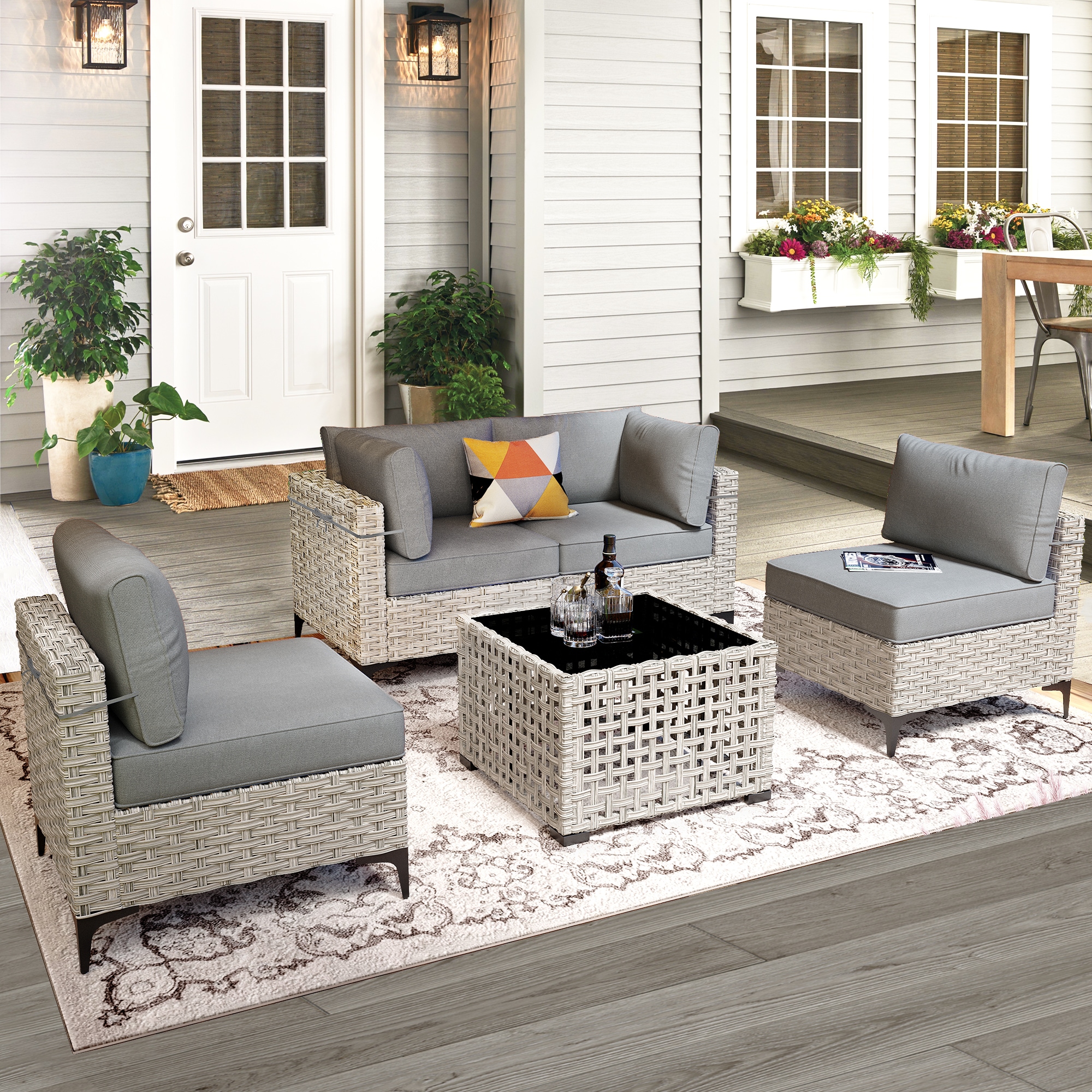 XIZZI XISKT2052 Amber Rattan Outdoor Sectional with Dark gray Cushions and Steel Frame