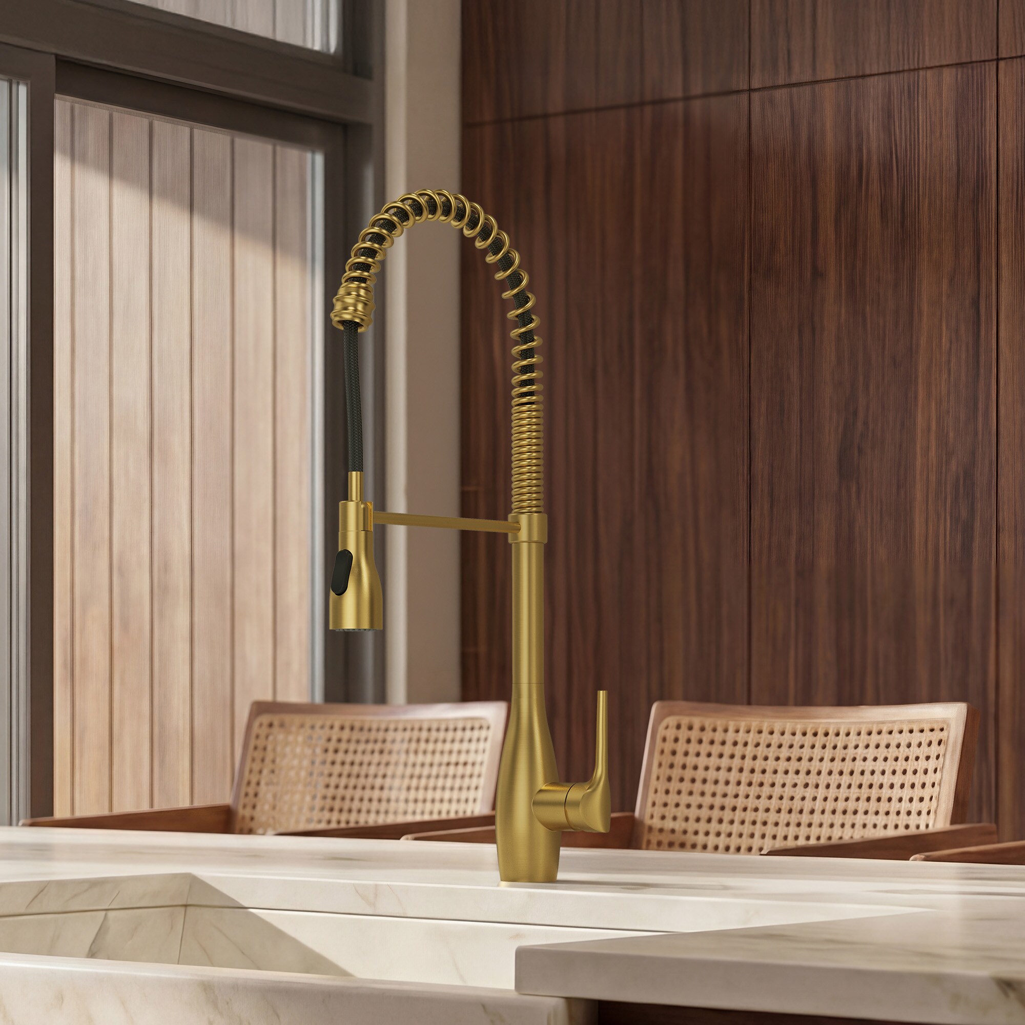 GRANDJOY Brushed Gold Single-handle Deck-mount High-arc 2-Function Sprayer Pull-down Kitchen Faucet with 360-degree Swivel Spout 1.8GPM