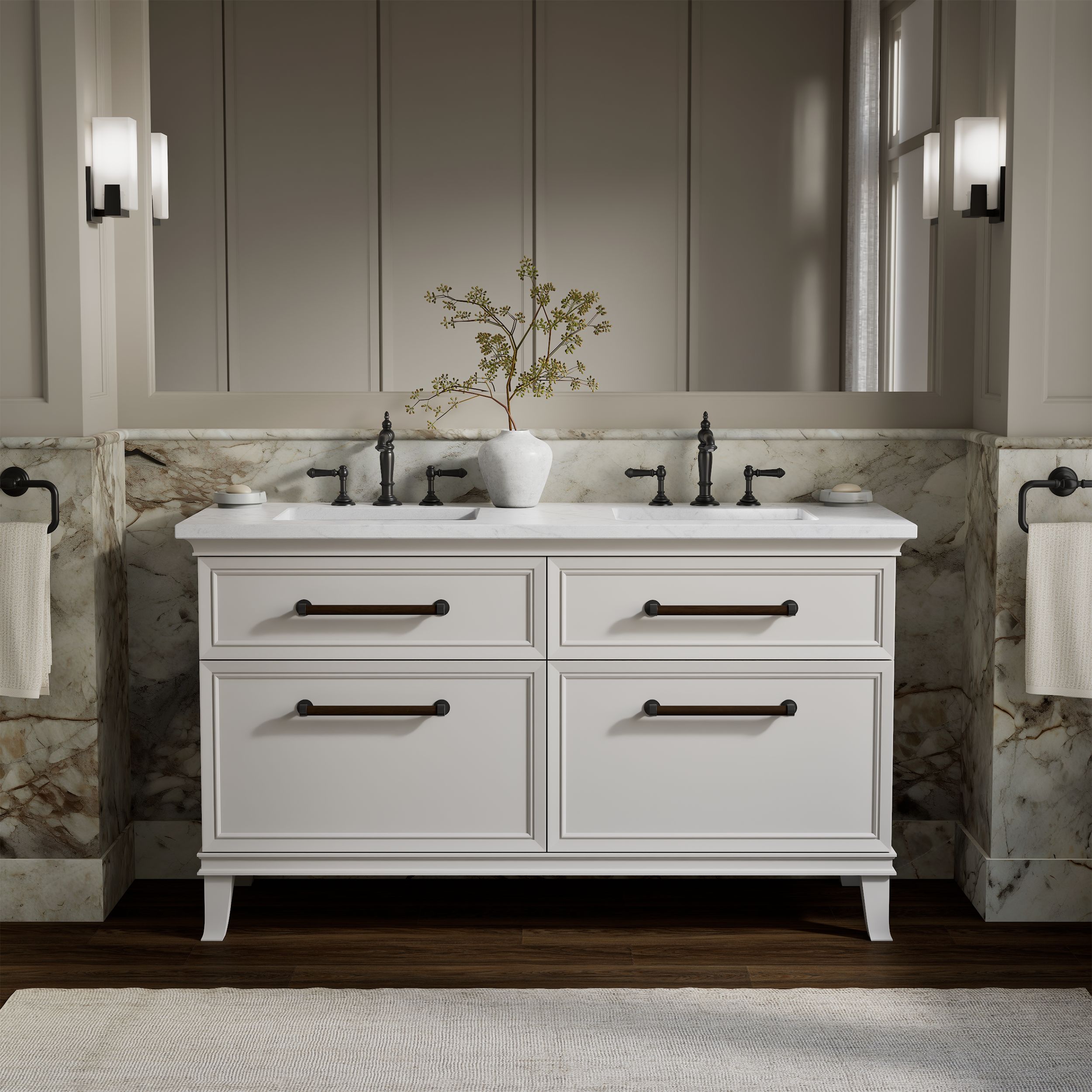KOHLER Artifacts 60-in Linen White with Eternal Statuario Top and Black Hardware Undermount Double Sink Bathroom Vanity with White Quartz Top