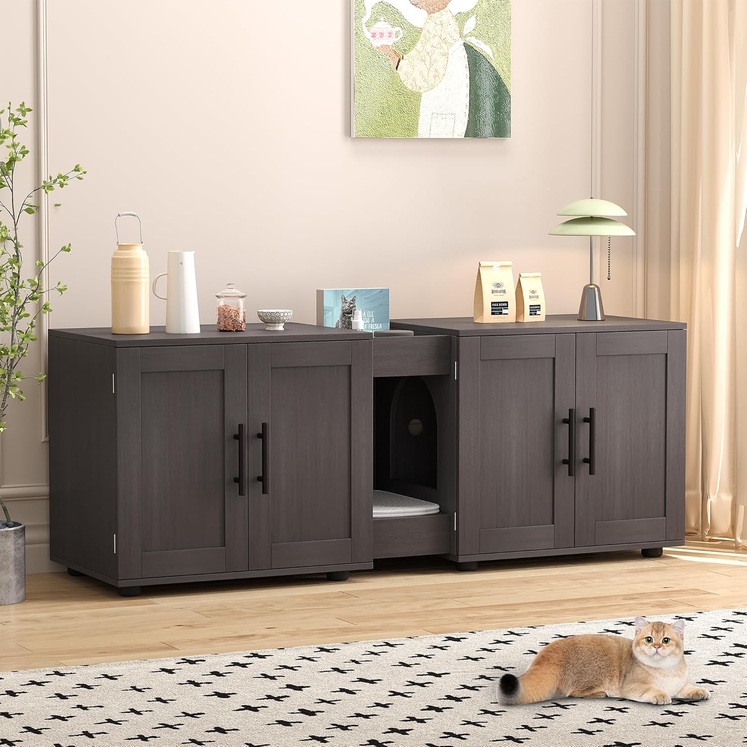 GAOMON Hidden cat litter box enclosure for 2 cats 55 inch litter cabinet furniture with barn door dual rooms three in one design walnut