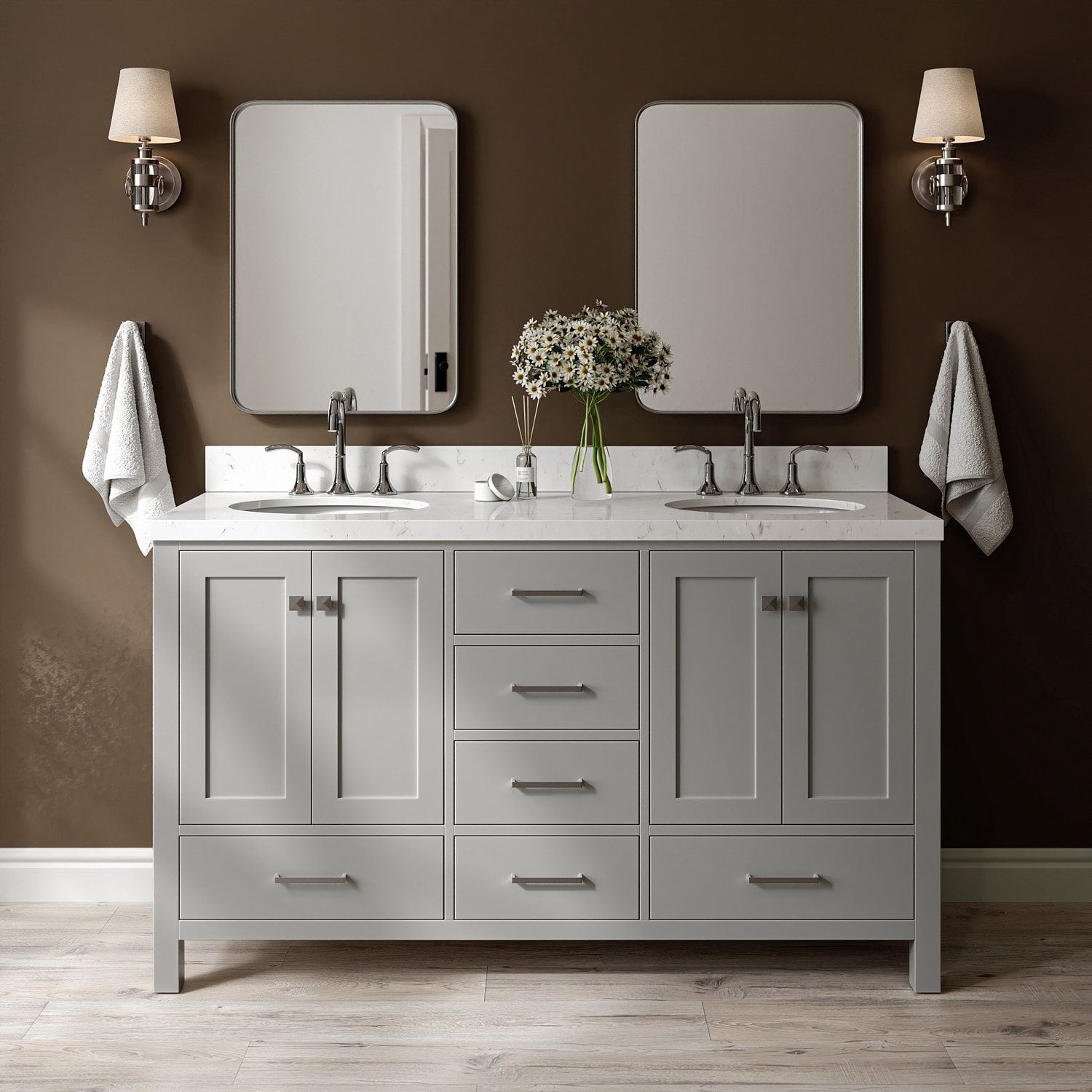 ARIEL A060DCQOVOGRY Cambridge 60.25-in Gray Undermount Double Sink Bathroom Vanity with Carrara White Quartz Quartz Top