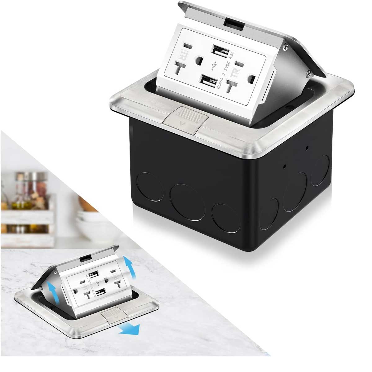 Aoibox LABZB0826094 Recessed Floor Electrical Outlet Kit Waterproof Hidden 48A USB 20A Tamper Resistant Receptacle with Slow Damping ETL Certified Stainless Steel