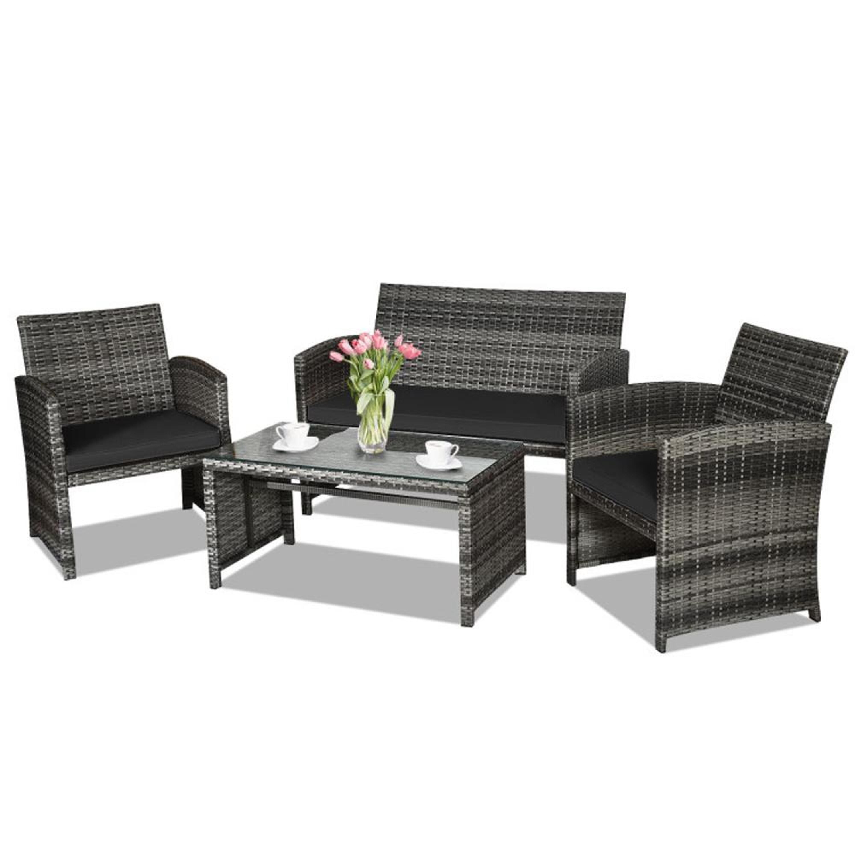BABOOM BOM-63238DK-CO Patio Furniture Set 4 -Piece Wicker Patio Conversation Set with Black Black Cushions