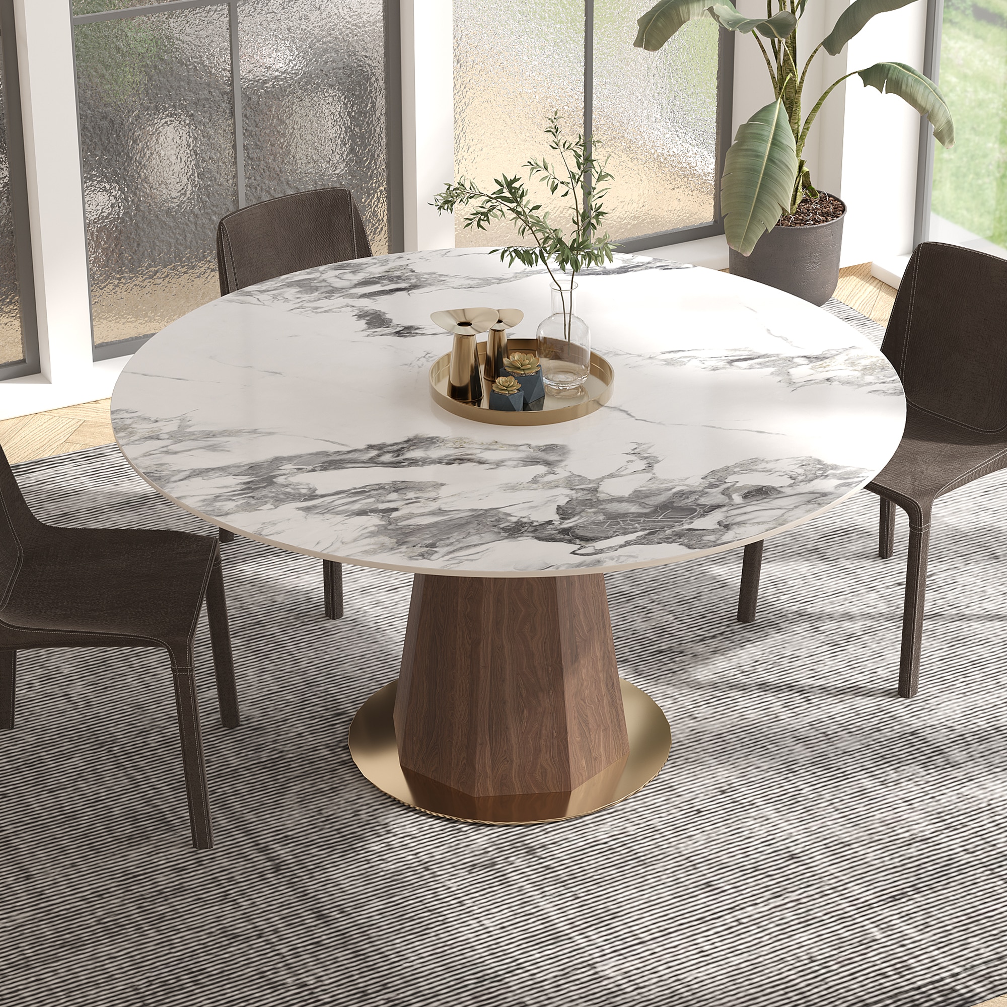 ZP7-G82-135BDFL Jade White Round Contemporary/Modern Marble Dining Table, with Walnut Finish and Metal Pedestal Base 53.15-in L x 29.53-in H
