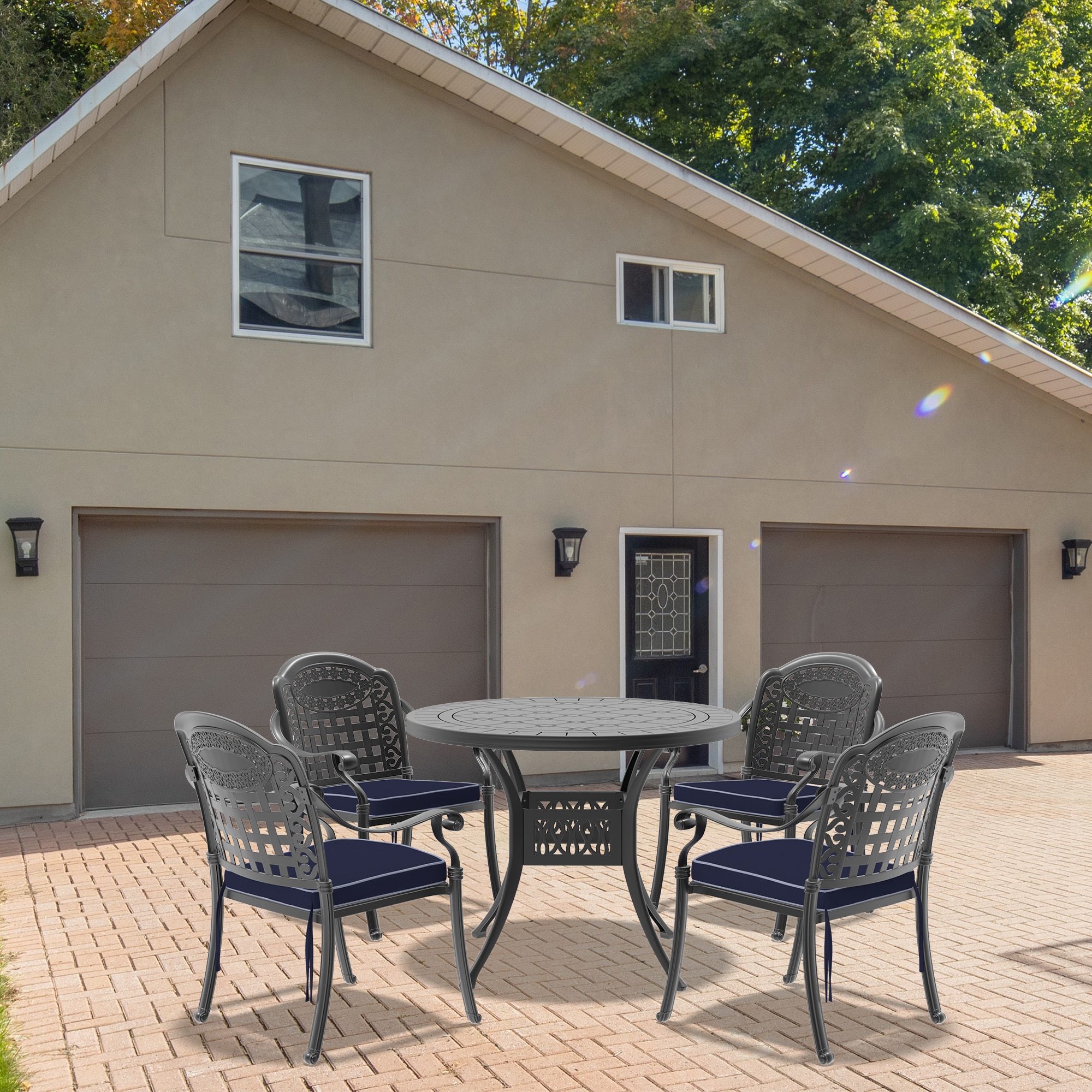 Clihome CL-NS-00070 Patio Dining Sets 5 -Piece Black Patio Dining Set Aluminum Round Table with 4 Blue Cushions Stationary Chairs