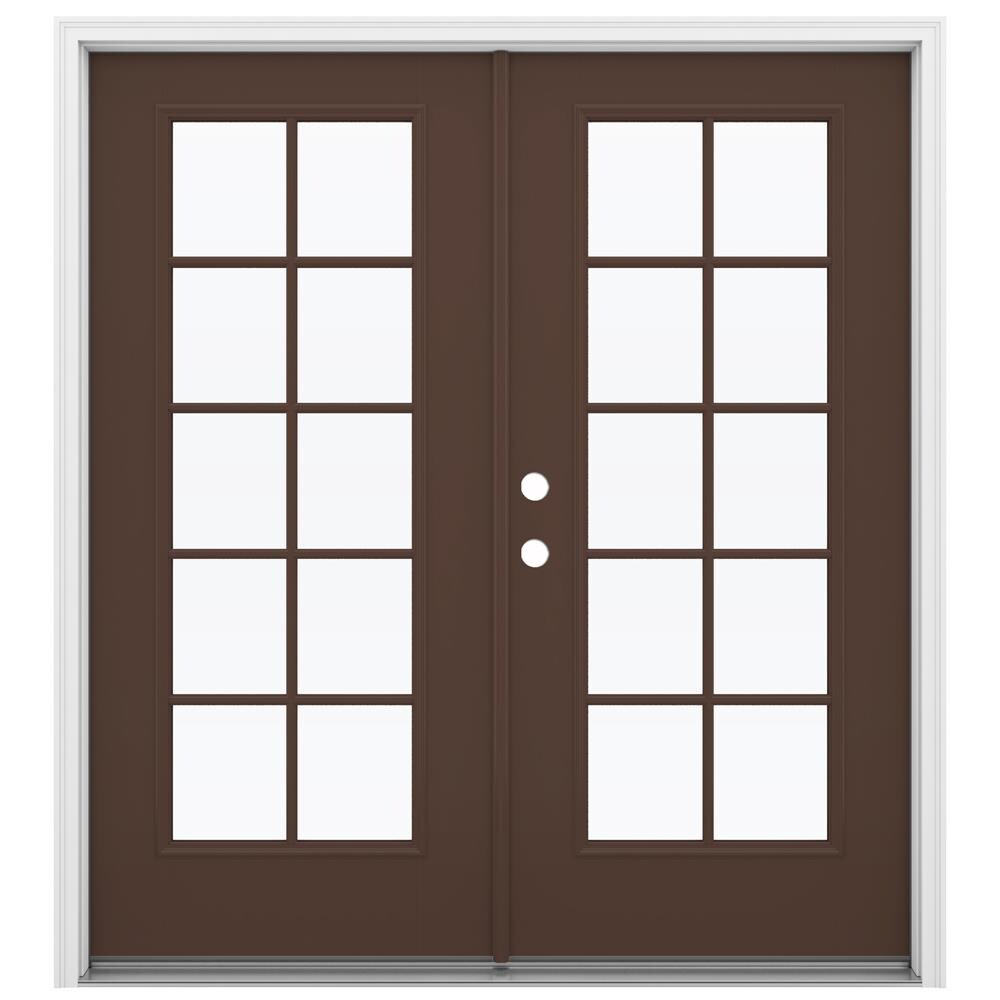 JELD-WEN LOWOLJW182300062 F-3500 72-in x 80-in x 4-9/16-in Jamb Low-E Simulated divided light , Dark Chocolate Fiberglass Right-hand inswing French Double Patio Door Brickmould Included