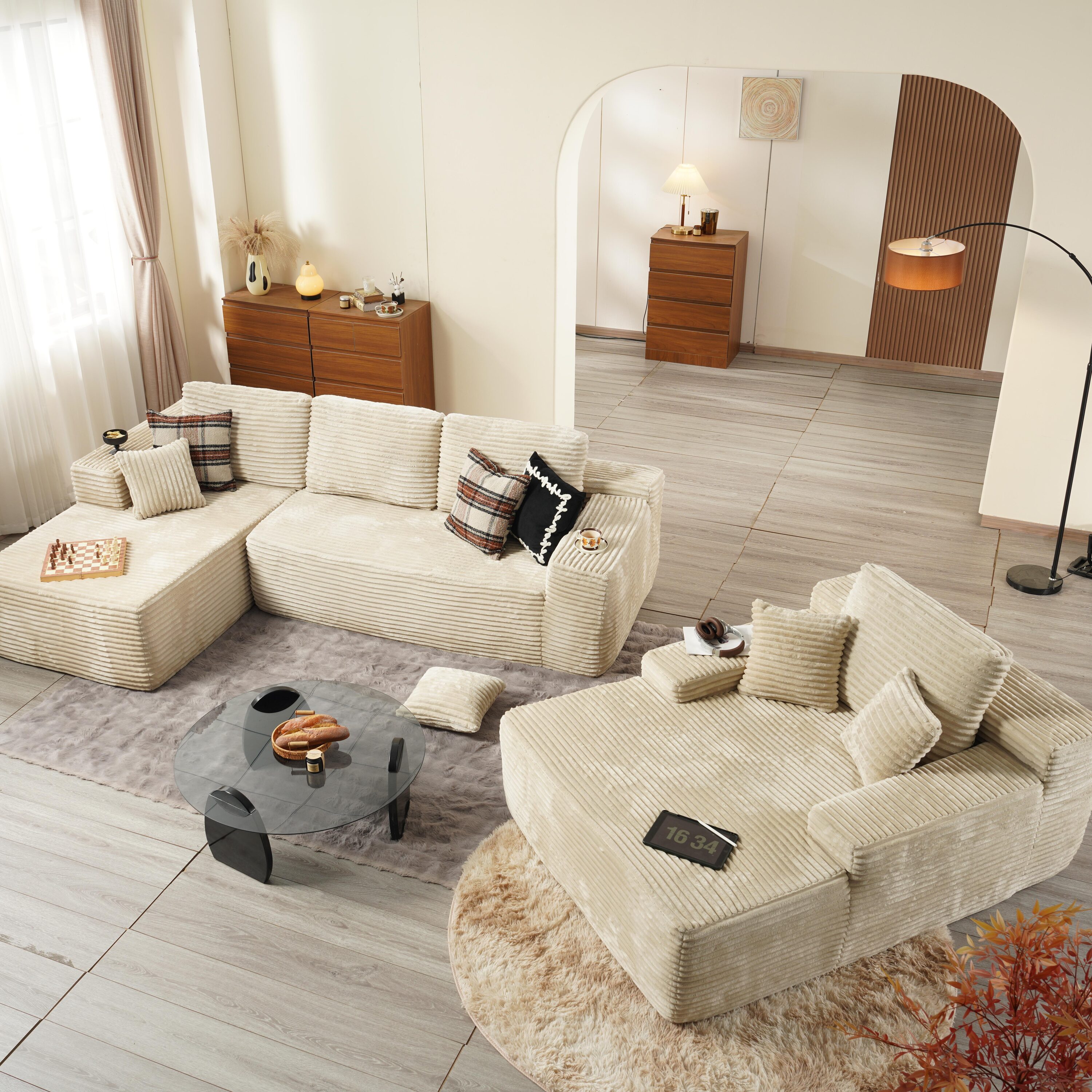 Pouuin SVI-JO240 106.2-in W Modern Beige Long Plush Sofa with Slipcover