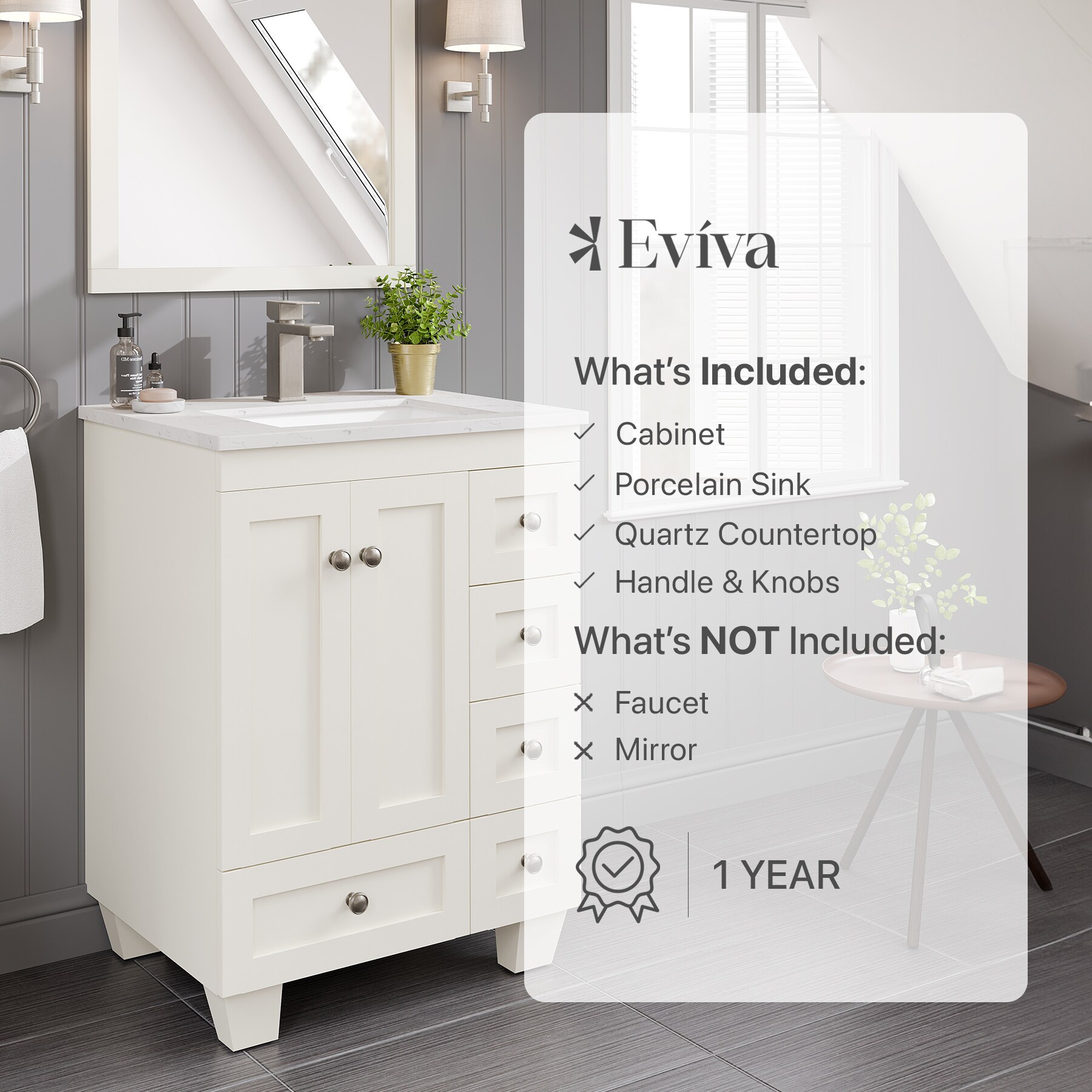 White Carrara Quartz Top Freestanding Bathroom Vanity with Porcelain Sink