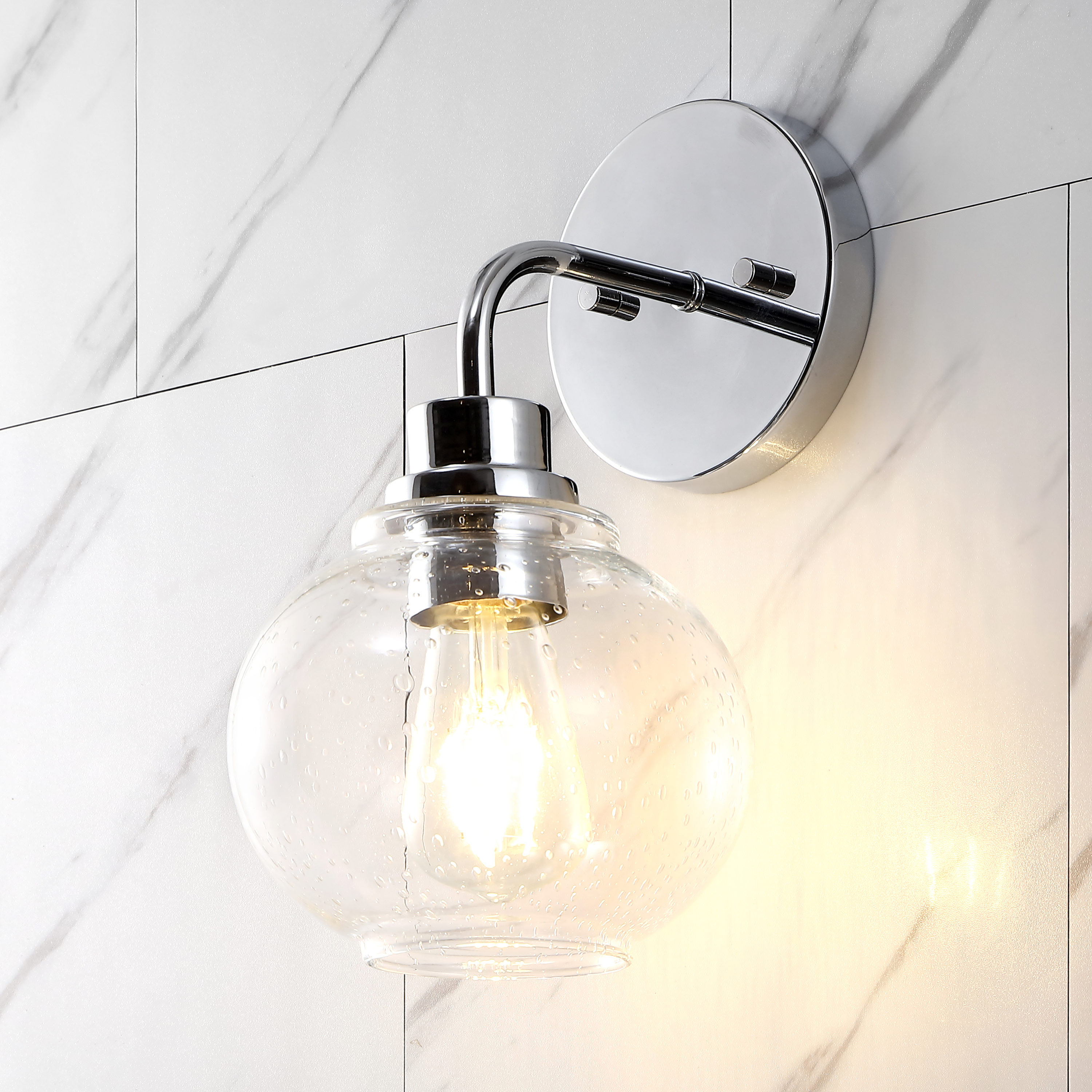 JONATHAN  Y JYL7526B Sandrine Iron/Seeded Glass Cottage Rustic 6.5-in 1 -Light Polished Chrome Farmhouse Vanity light
