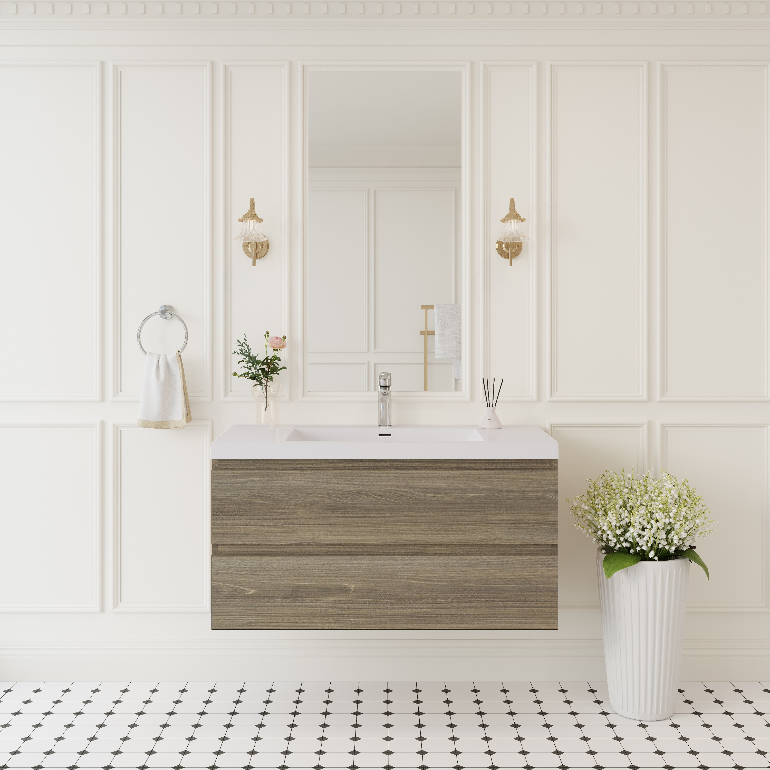 CASAINC 42-in Ash Grey Undermount Single Sink Floating Bathroom Vanity with White Solid Surface Top