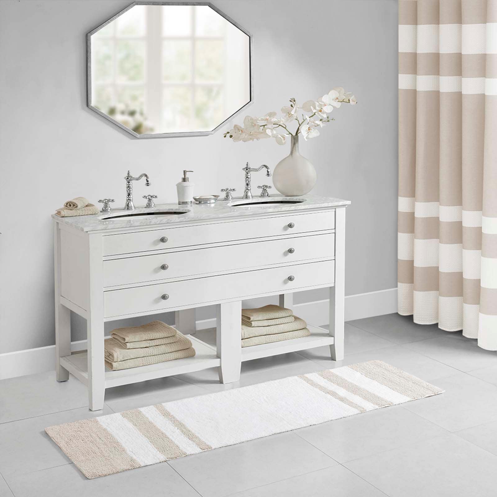 24-in x 72-in Taupe Casual Stripes Cotton Reversible Bath Rug Long Bath Mats Soft Washable Shower Floor Rugs Luxurious Plush Bath Mat Shower Room Carpet
