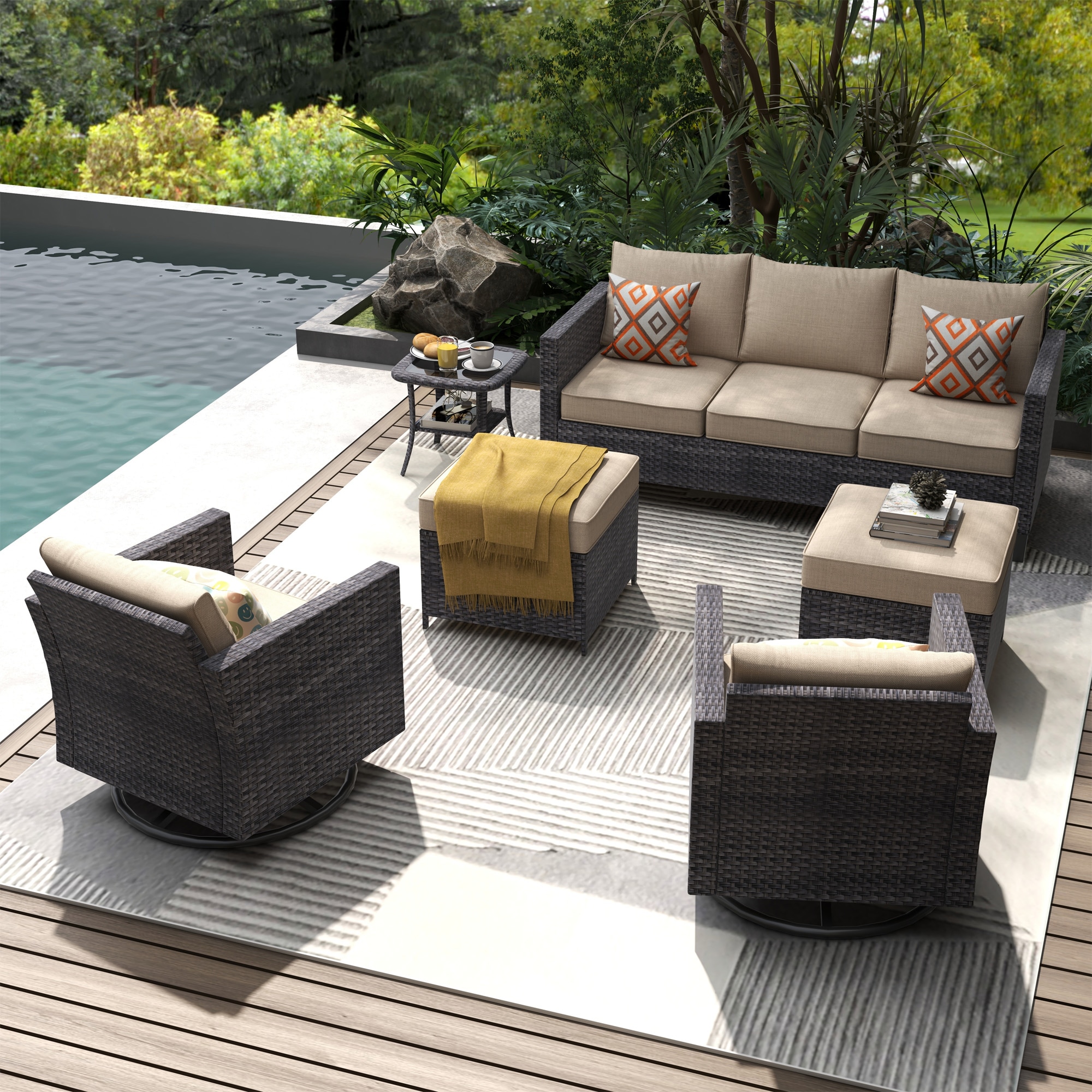 XIZZI XIGRSRC6163 Ruby 6 -Piece Rattan Patio Sofa Conversation Set with Off-white Cushions