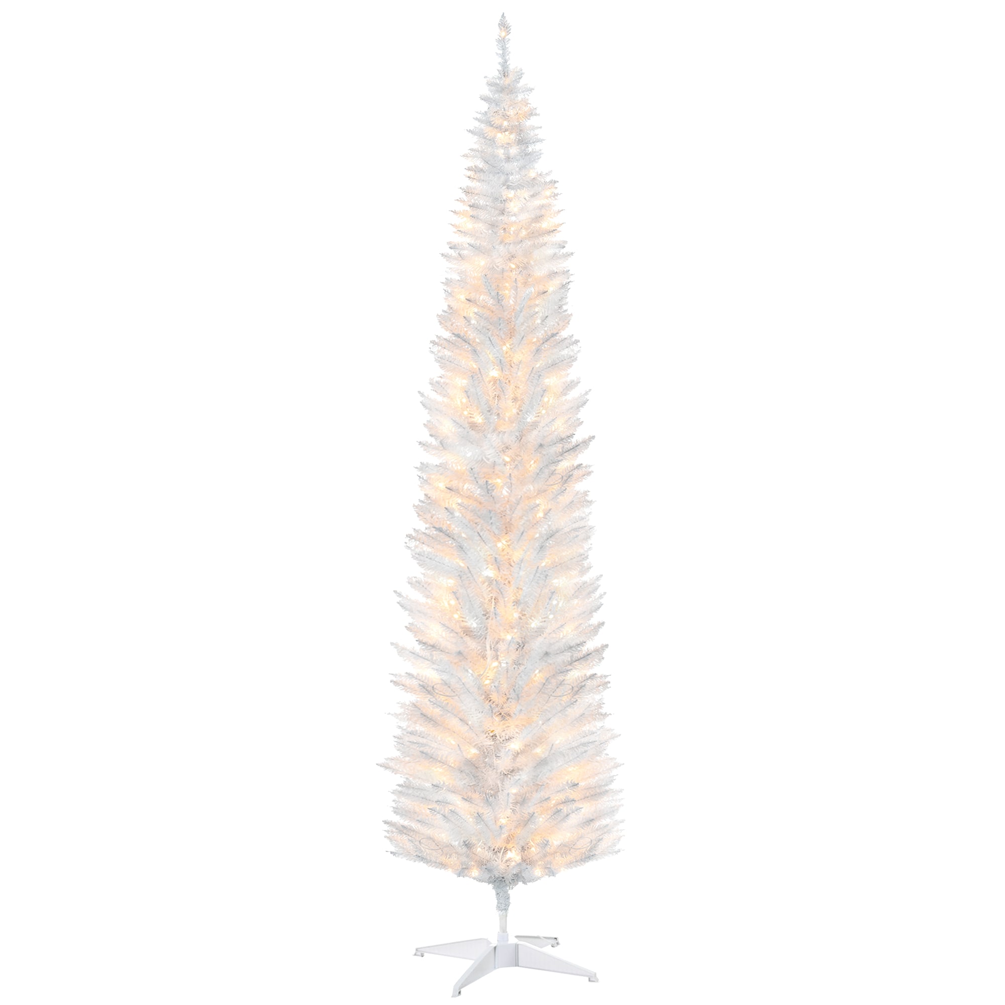 HomCom 830-243V89WT 8' Tall Pre-Lit Slim Noble Fir Artificial Christmas Tree with 300 Warm White LED Lights and 618 Tips for Christmas Decoration White