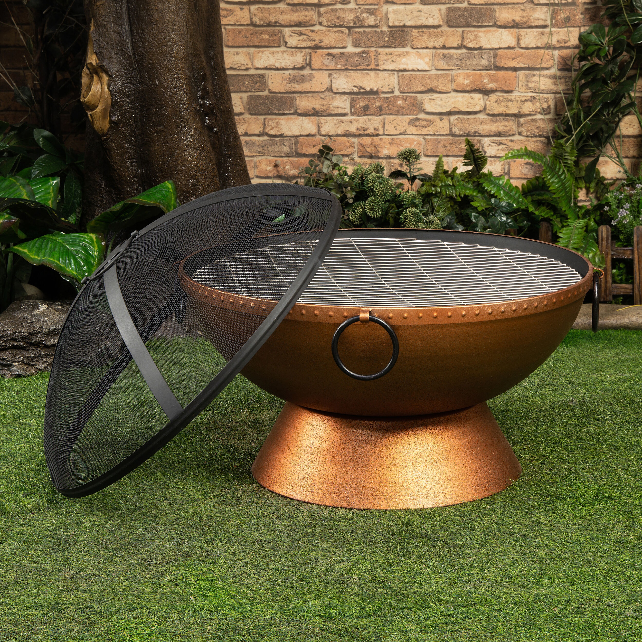 Bronze Round Steel Wood Burning Fire Pit with Spark Screen