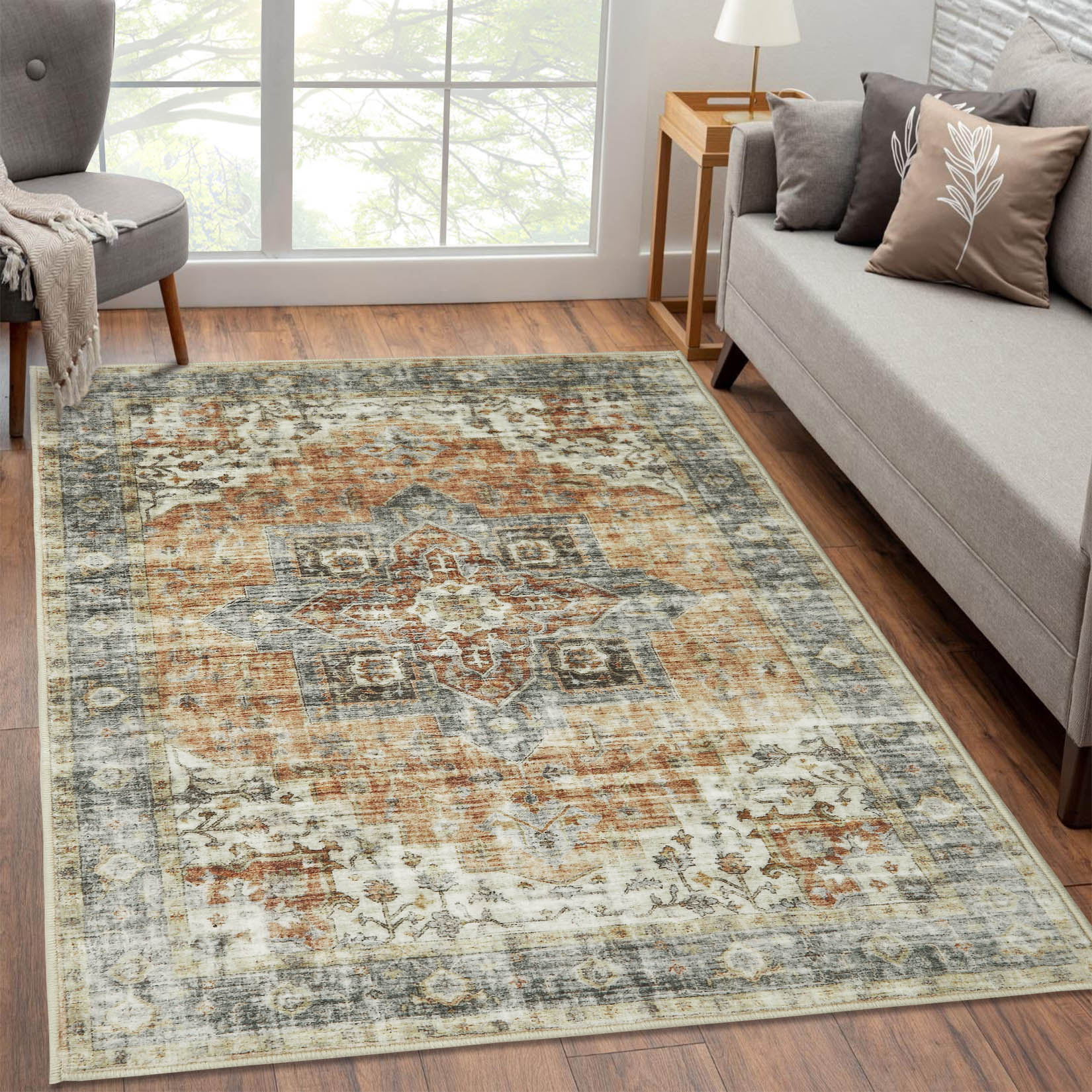 Garvee YXY-LO-PHO-0YI48C8U 8 x 10 (ft) Loomed Polyester Brown Rectangular Indoor Floral/Botanical Persian Machine washable Area rug