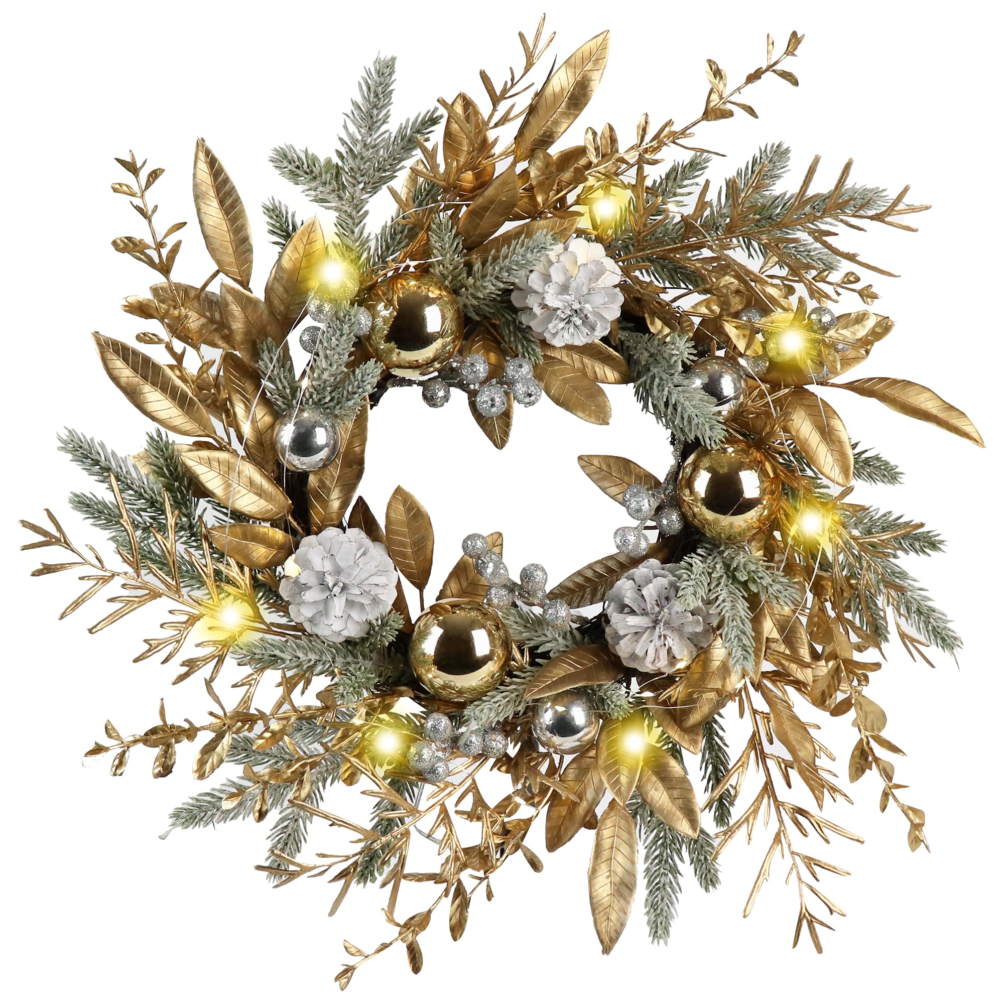 WELLFOR CM-HGY-22761US 20-in Flocked Pre-lit Indoor/Outdoor Battery-operated Gold and Green Artificial Christmas Wreath