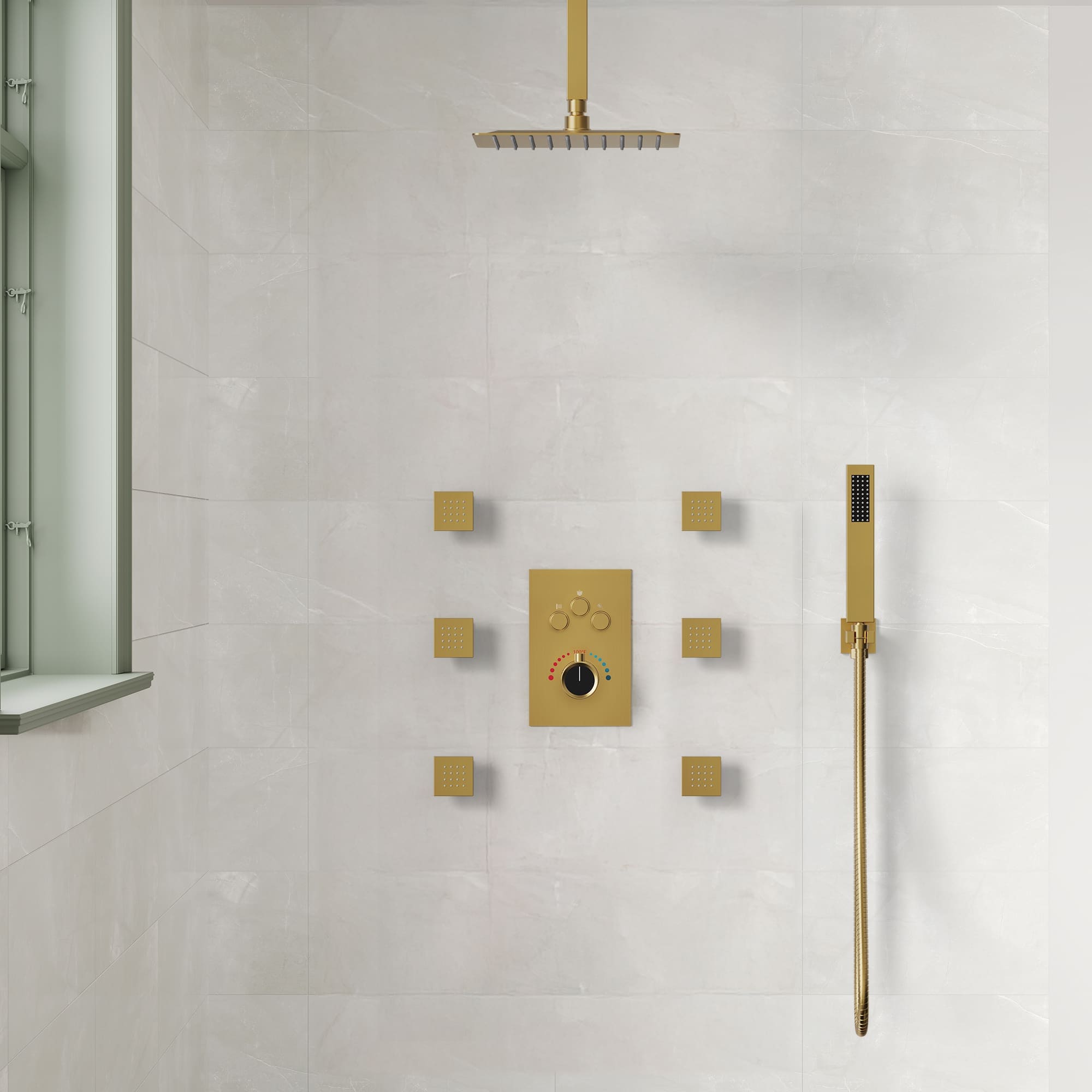 EVERSTEIN SFS1006-GD12 6 in. and 7-Spray 12 in. Thermostatic Wall Bar Shower Systems with Handheld 2.5 GPM in Brushed Gold(Valve Included)