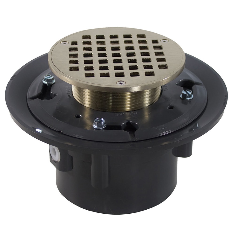 Jones Stephens D49053 2 inch x 3 inch Heavy Duty PVC Floor Drain Base with 3-1/2 inch Metal Spud, 8-1/2 inch Pan and 4 inch Nickel Bronze Round Strainer