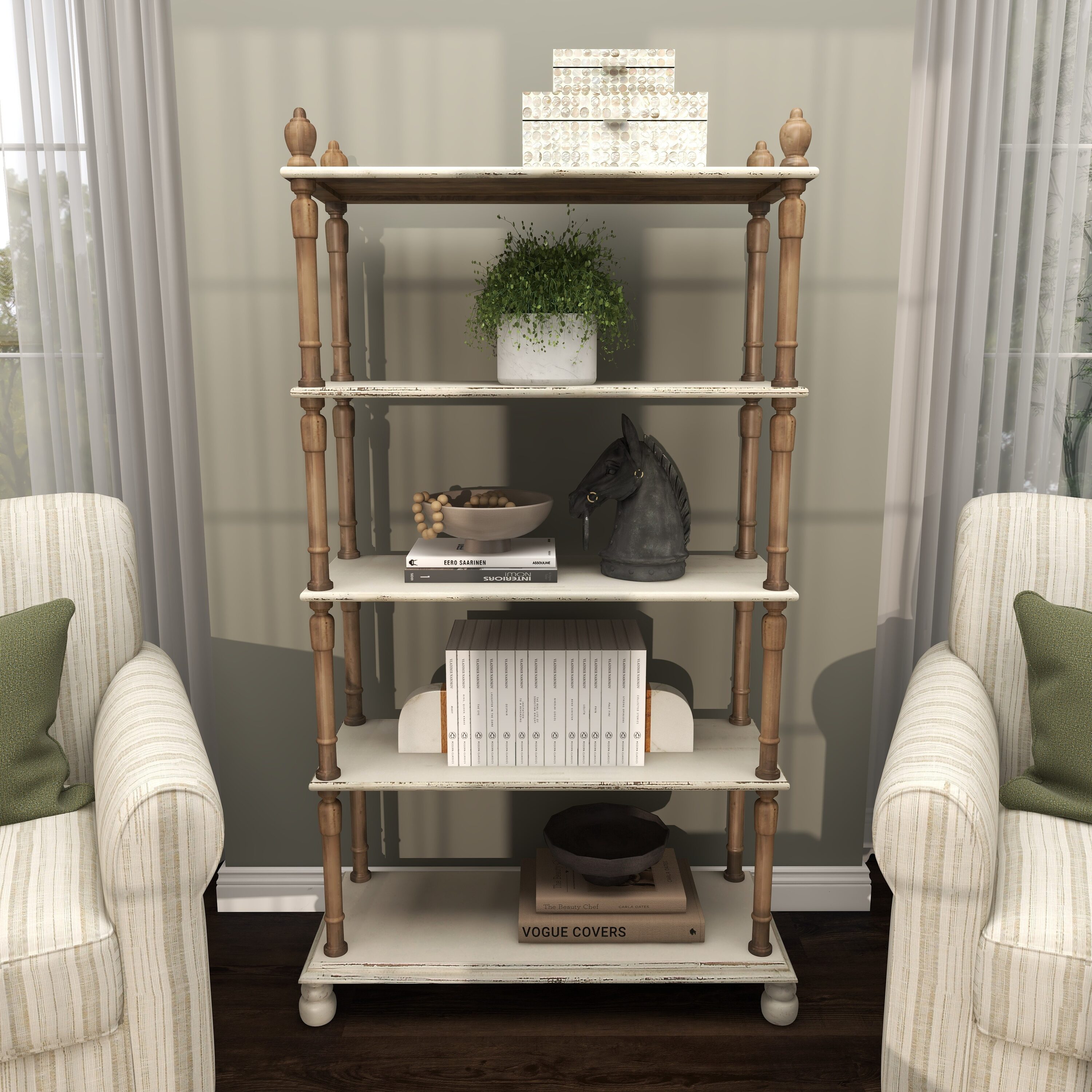 Grayson Lane 20403 White Distressed Wood 5 -Shelf Bookcase ( 37-in W x 75-in H x 14-in D ) Painted