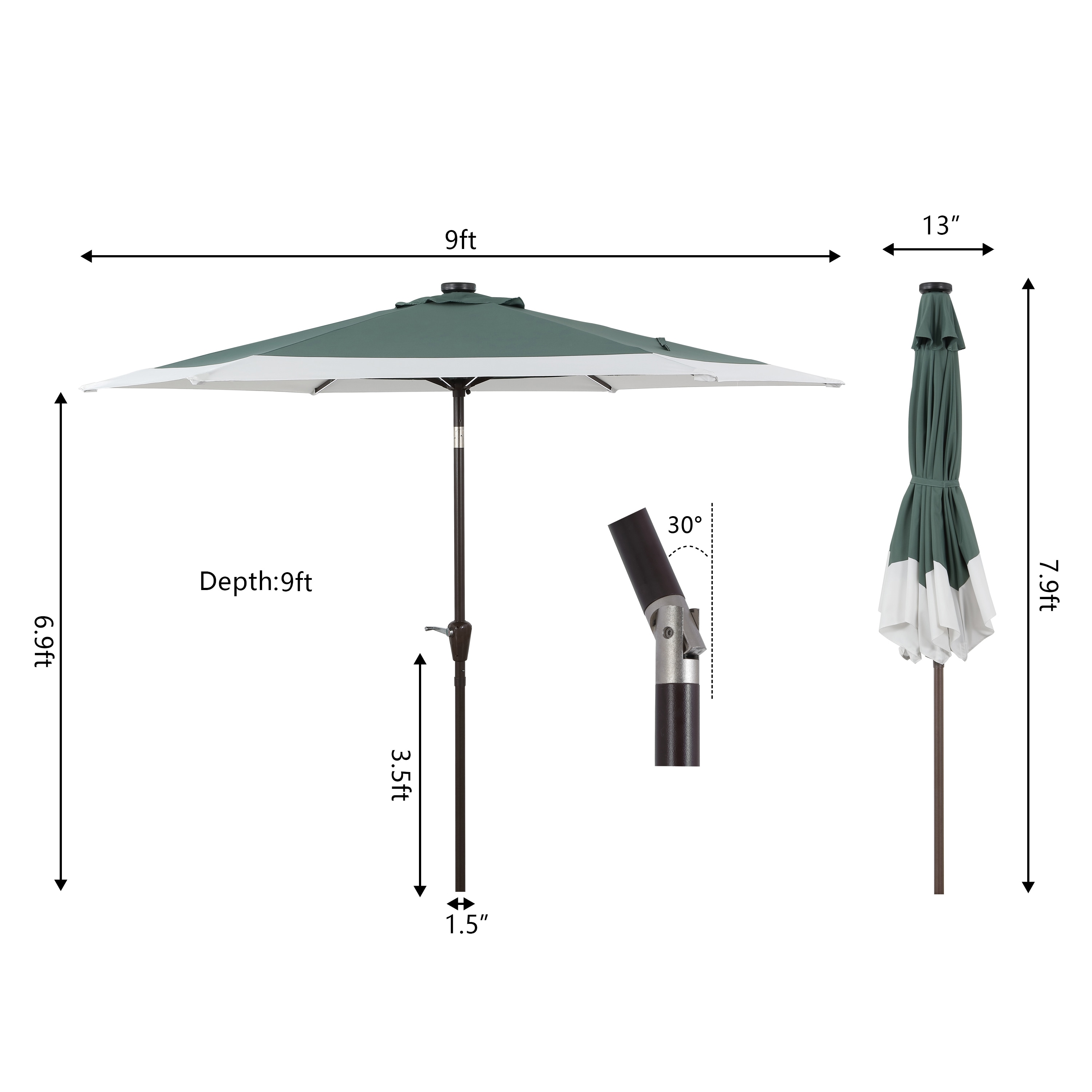 Spencer 9 ft. Green and White Aluminum Coastal Patio Umbrella with LED Lights