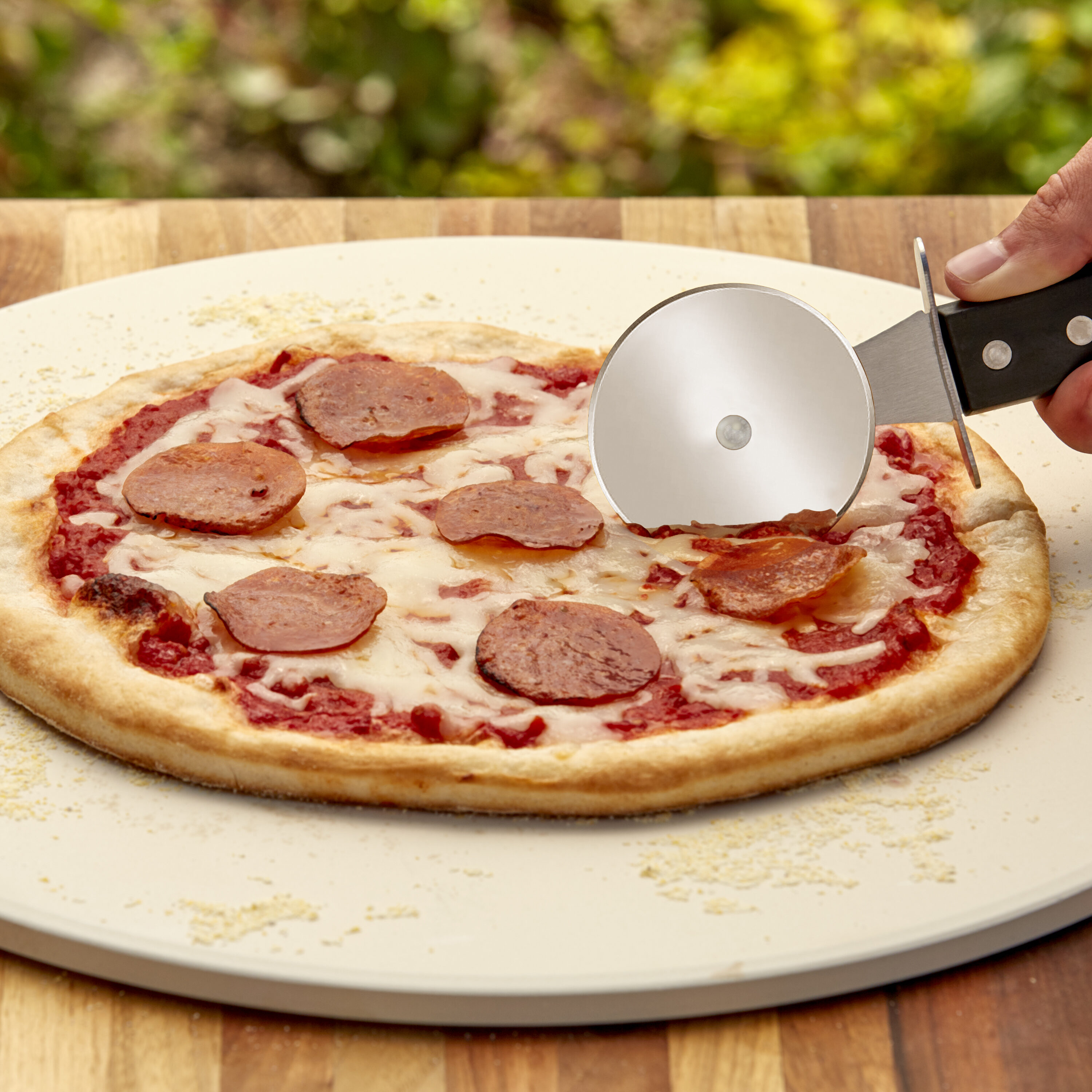 15" Round Grill Pizza Stone Kit with Stainless Steel Peel and Cutter