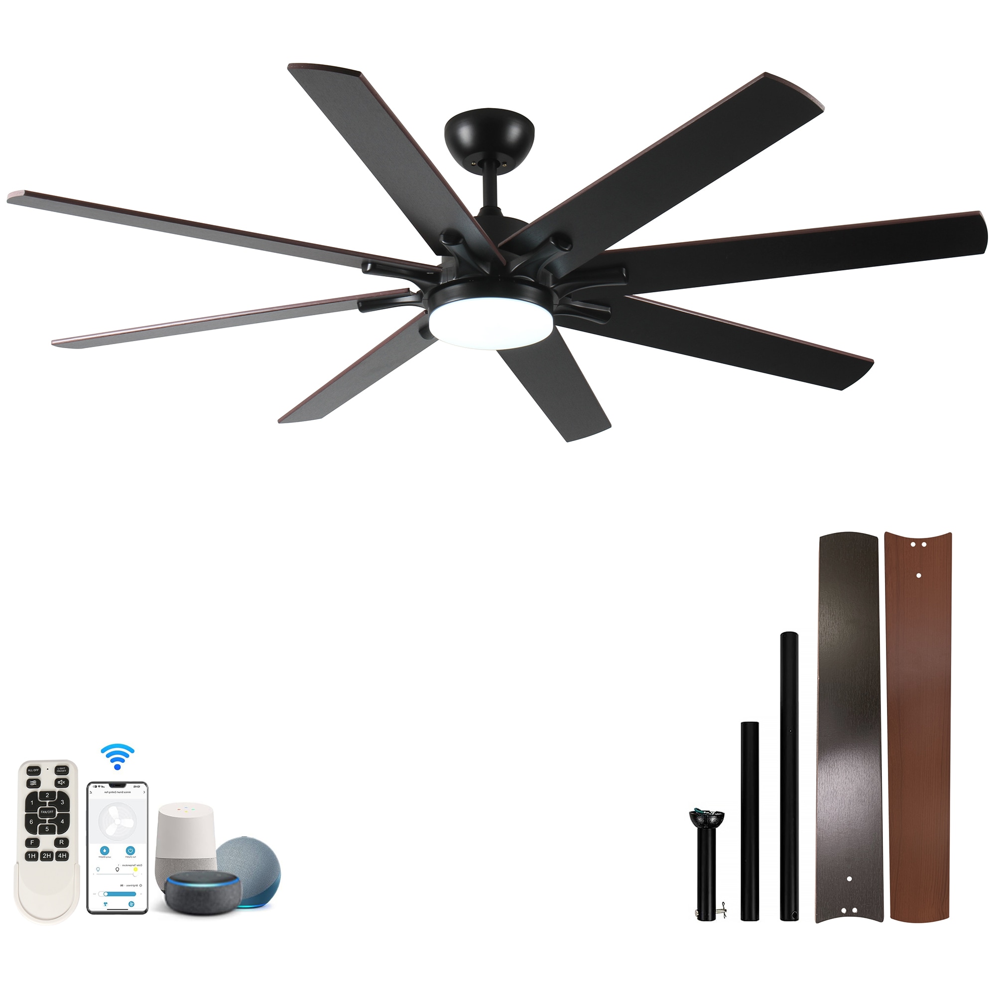 SINOFURN SYA650019SL 72-in Color-Changing Outdoor Black+Brown with Wood Blades Ceiling Fan With Light - Remote Included ( 6 -Blade )