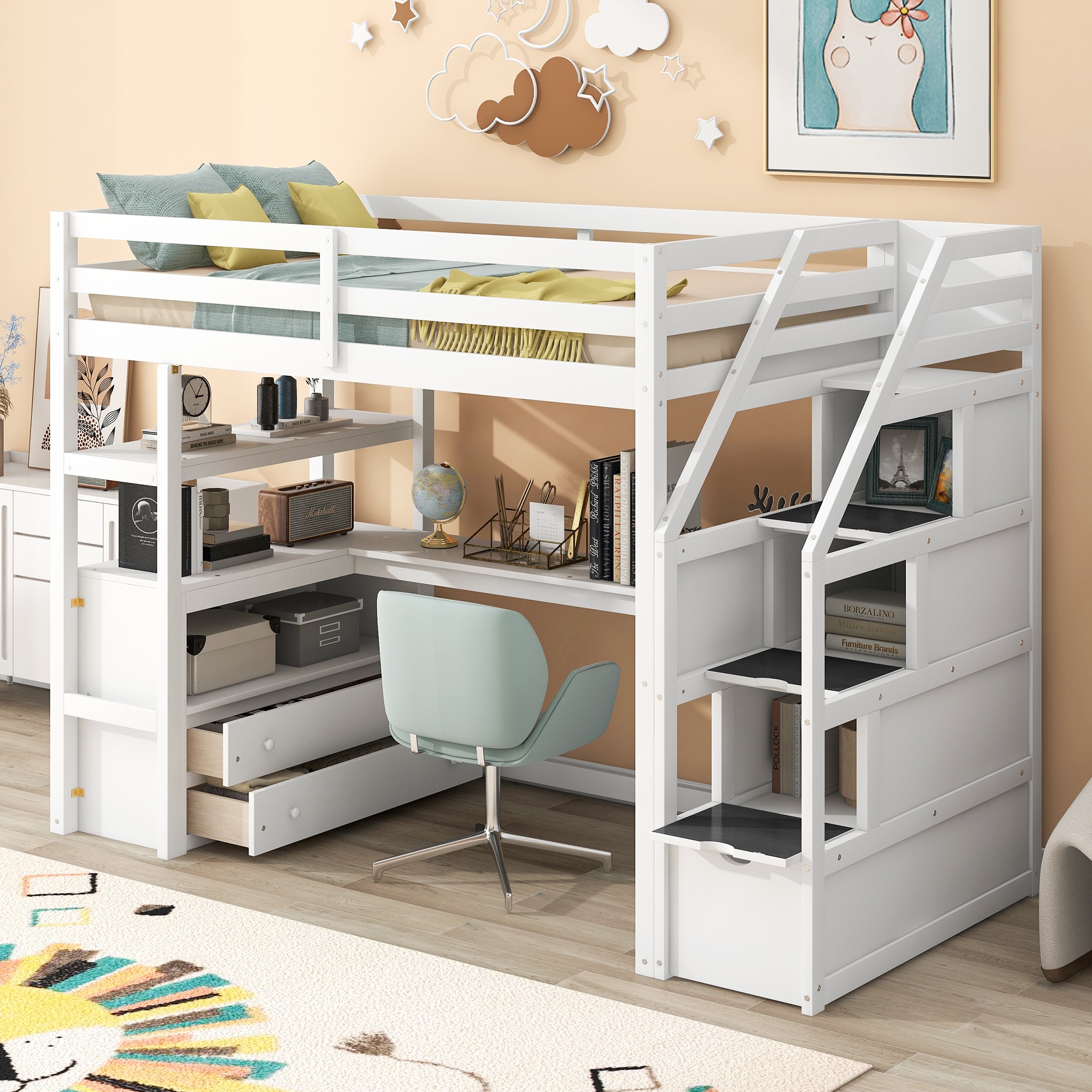 LOVMOR SF-M-GX000425AAK Twin Size Loft Bed with Desk and Shelves Two Builtin Drawers Storage Staircase White