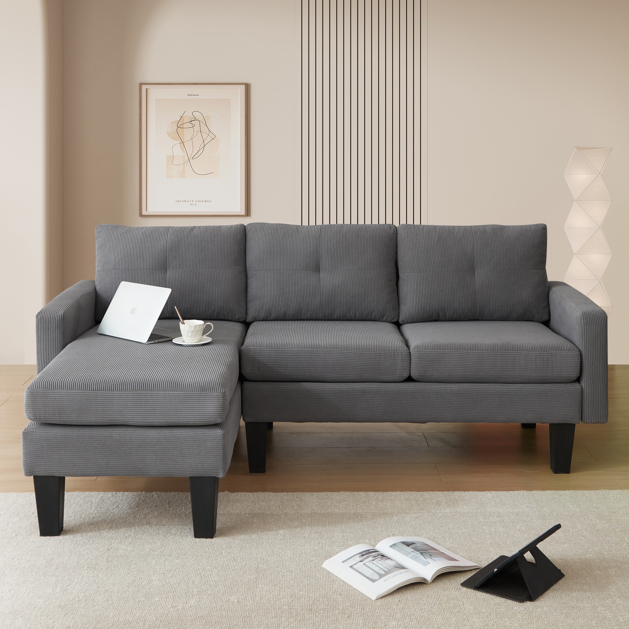 Ovios OLCK990-L 80.31-Inches Casual Gray (Corduroy Fabric) Sectional