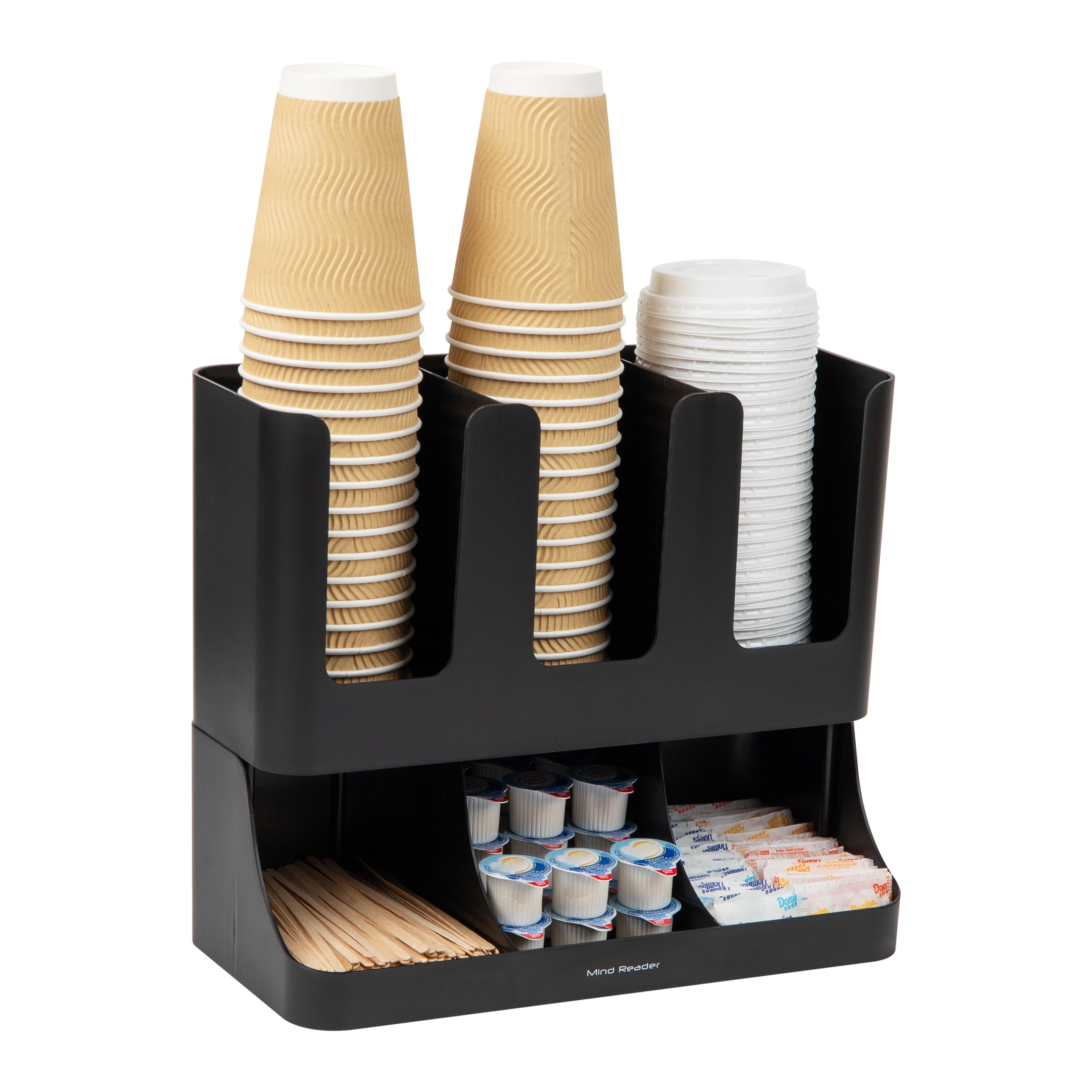 Mind Reader UPRIGHT6-BLK  Cup and Condiment Station, Countertop Organizer, Coffee Bar, Kitchen, Stirrers, 13"L X 6.4"W X 11.5"H, Black